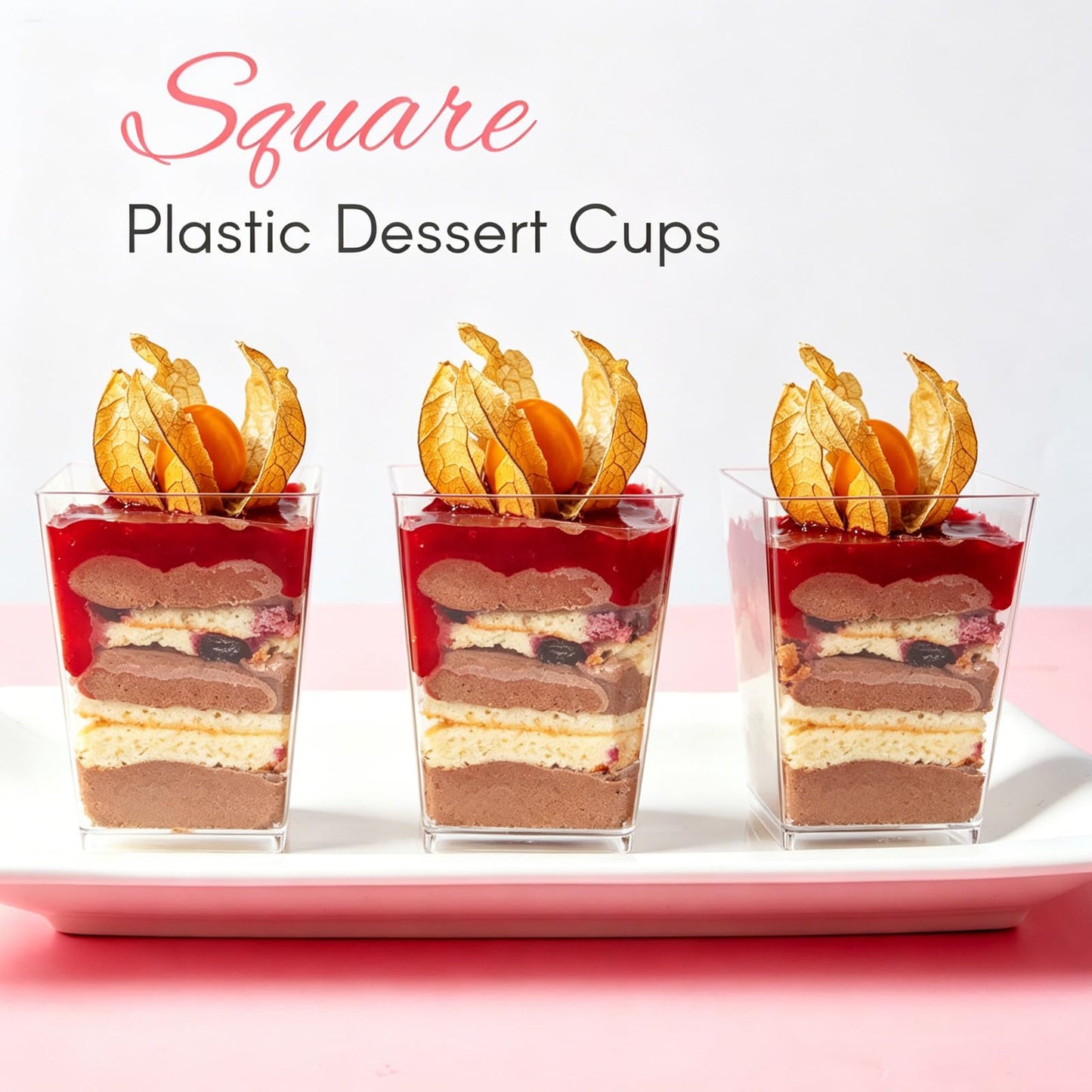 Zezzxu 5 oz Square Mini Dessert Cups with Spoons - 50 Pack Plastic Pudding & Parfait Cups Party Dessert Shooters for Serving Trifle Mousse Cake Appetizers