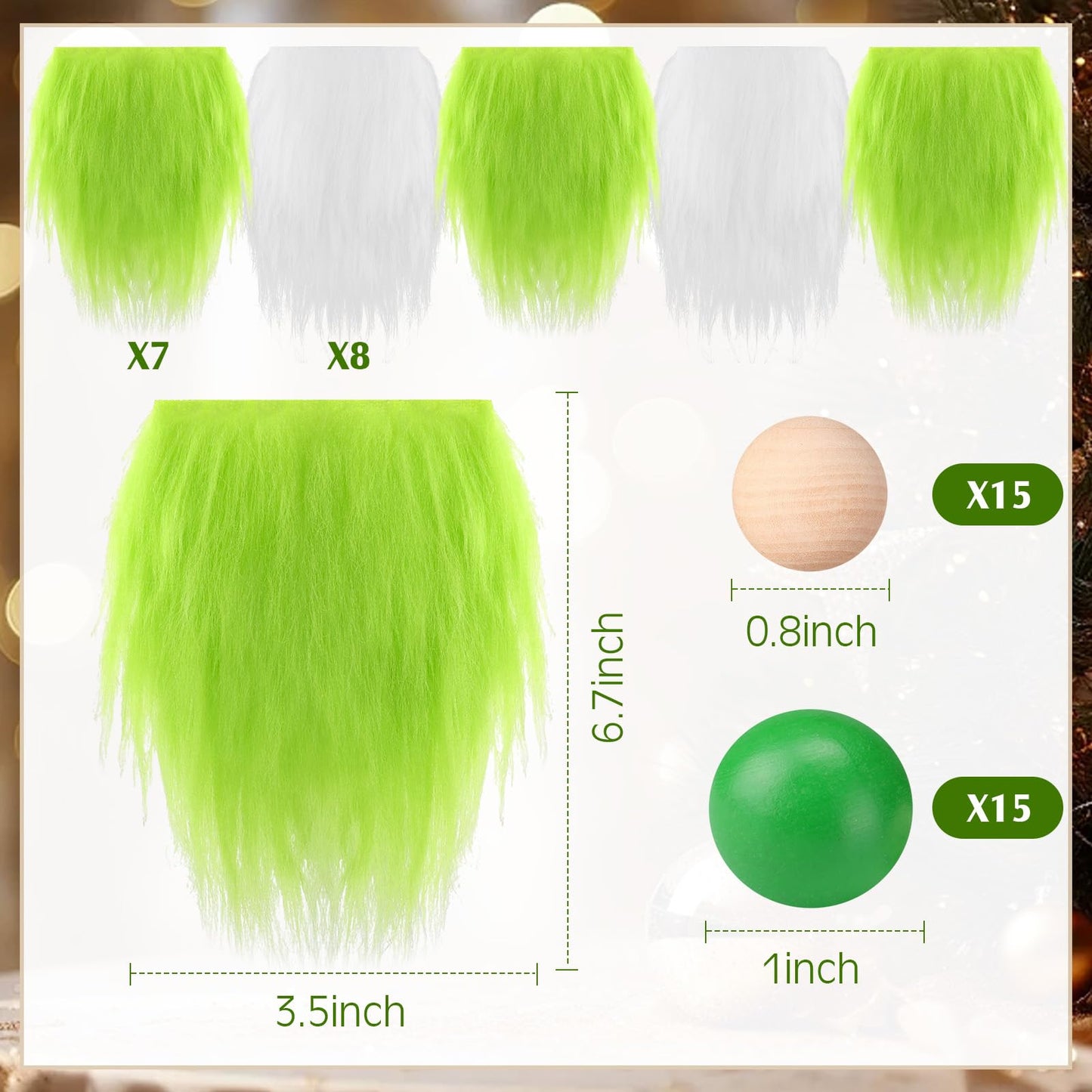 Tudomro 15 Pcs Gnome Beards for Crafts Valentine's Day Faux Fur Fabric Precut Gnomes Beards Handmade 30 Pcs Wood Balls for Christmas Halloween Easter Independence Day(White,Green)