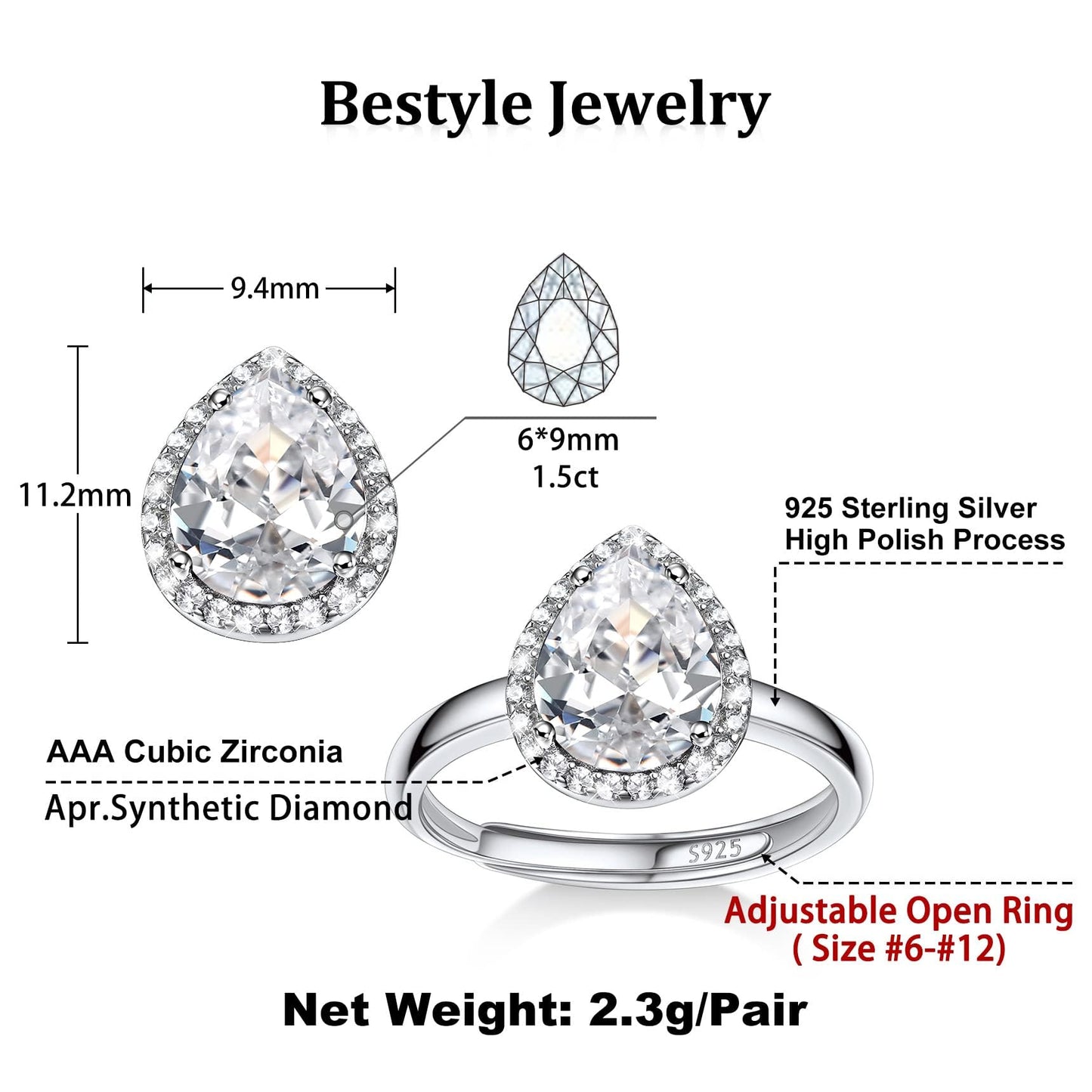 Bestyle 925 Sterling Silver Teardrop Cut Gemstone Cubic Zirconia Rings for Women April White Diamond Rings, Statement and Promise Ring for Engagement/Wedding/Anniversary/Valentines Day