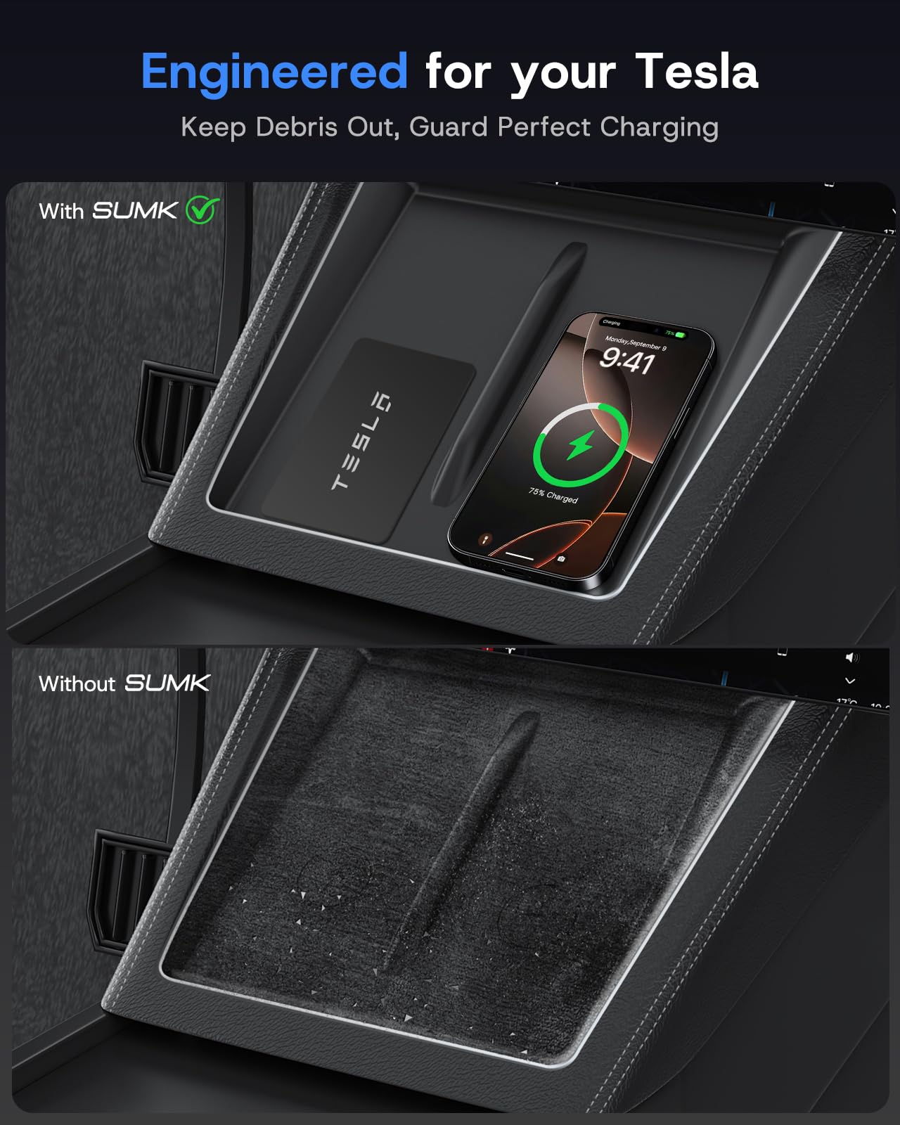 SUMK Center Console Organizer Tray for 2025 2026 Tesla Model Y Juniper (Premium & Performance) & All Model 3 Highland, Durable PC +Silent Silicone Liner Armrest Storage Box Wireless Charging Pad 4PCS