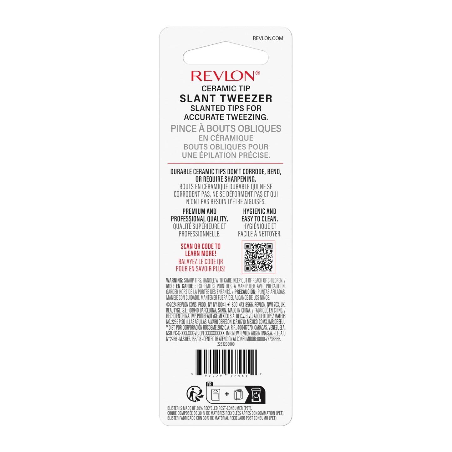 Revlon Ceramic Slanted Tip Tweezers, Precision For Eyebrow Shaping and Fine Hair Removal, Stainless Steel Body, Red, 1 Count