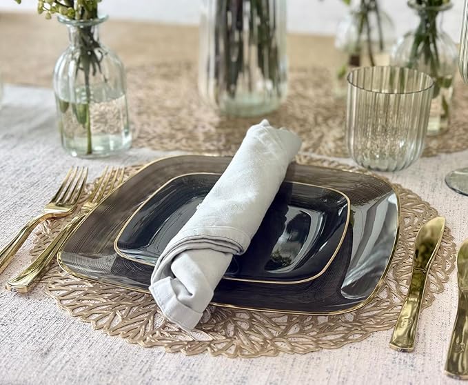" OCCASIONS " 120 Pieces Pack,(60 Guests) Premium Wedding Party Disposable Plastic Plates Set -60 x 10'' Dinner + 60 x 7'' Salad/Dessert (Belize Square in Smoke Gray & Gold)