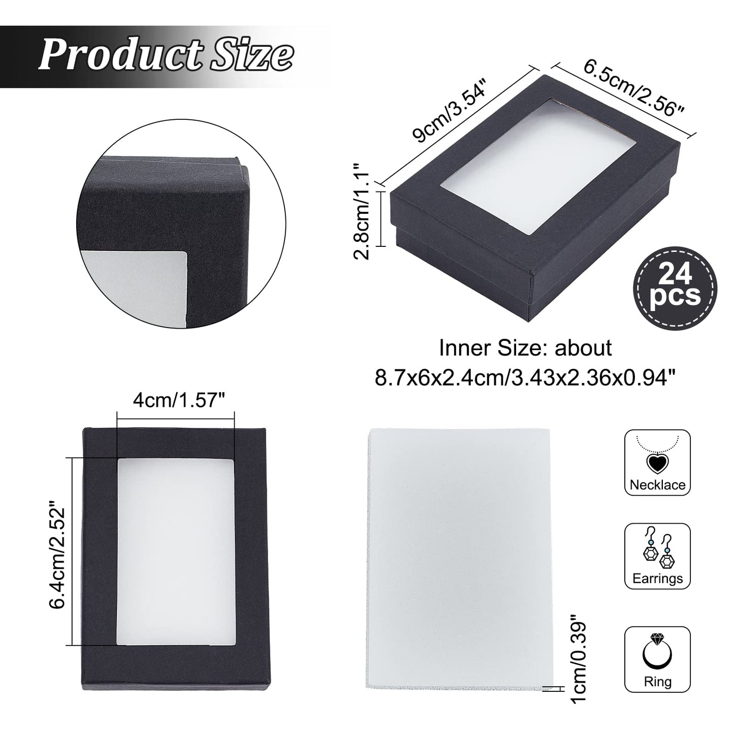 NBEADS 24 PCS Black Gift Boxes with Window Presentation Box with Padding - Birthday Gift Box - Necklace Box Earring Box Ring Box Cardboard Jewelry Boxes 3.54"x2.56"x1.1"