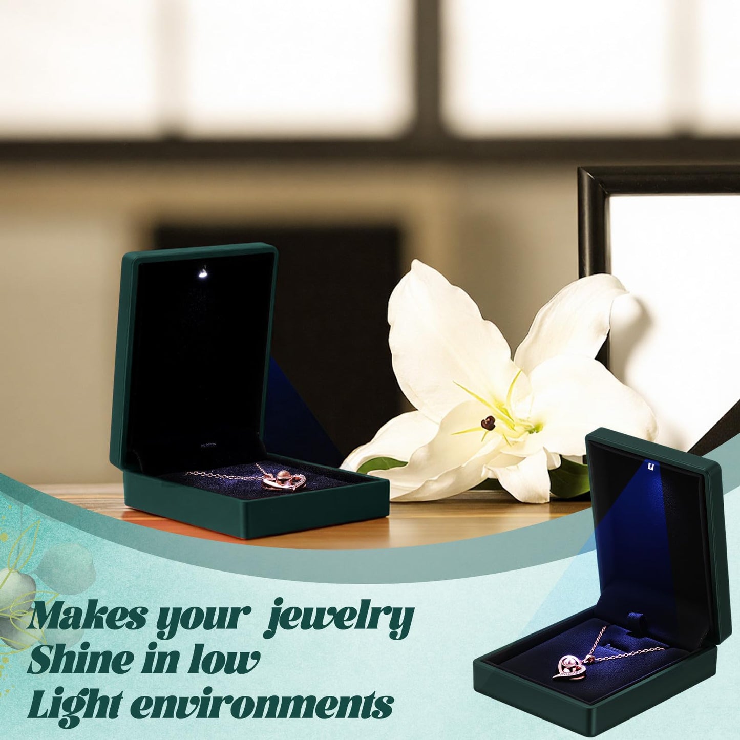 Landical 10 Pcs Pendant Necklace Box with LED Light Velvet Necklace Case for Pendant Bracelet Ring Earring, Jewelry Storage (Dark Green)
