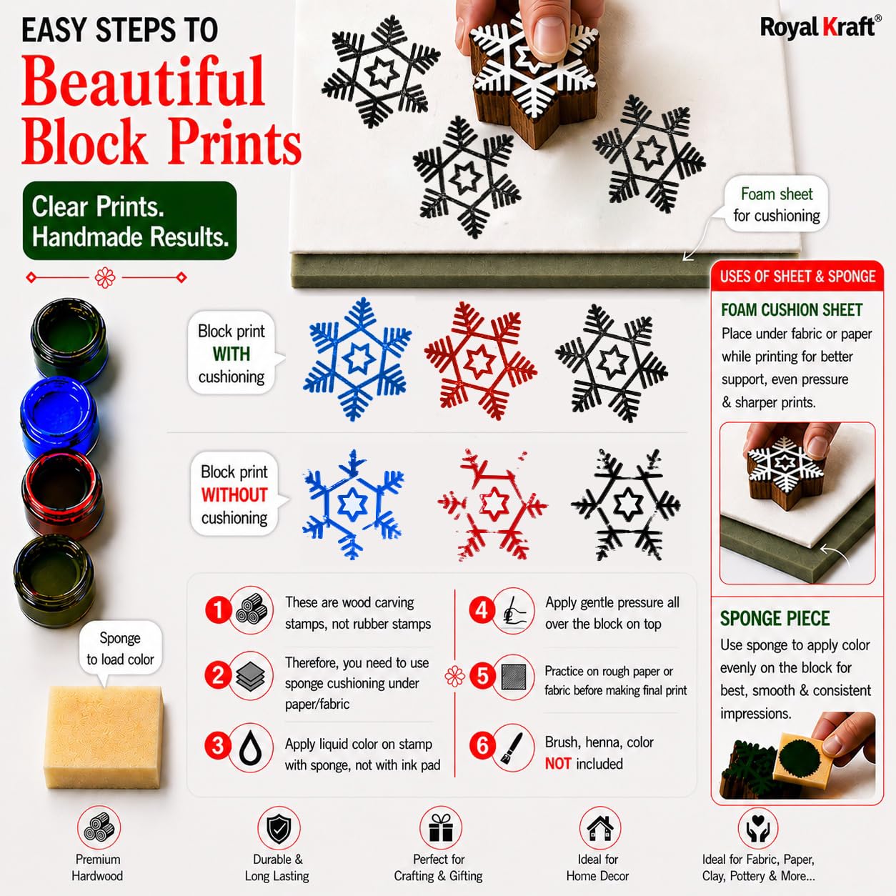 Royal Kraft Wooden Stamps for Block Printing on Saree Border, Textile, Clay, Pottery, Tattoo (Set of 10) MXtag0008