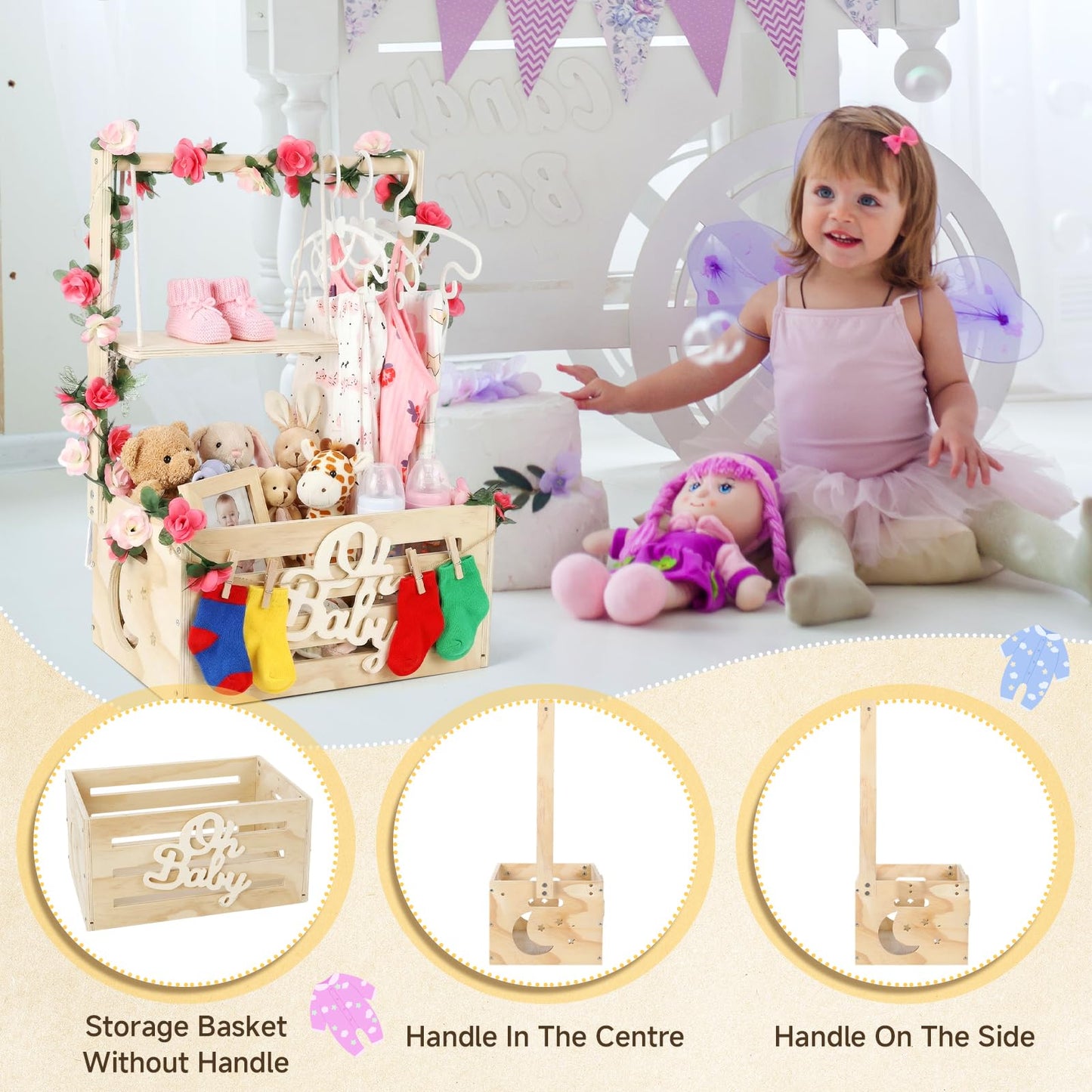 Wooden Baby Shower Crate Closet, Personalized Baby Gift Basket with Adjustable Handle, Include String Lights, Garland, 6 Hangers & 6 Clips - Unique Newborn Gift for Boys & Girls, Baptism,Birthday