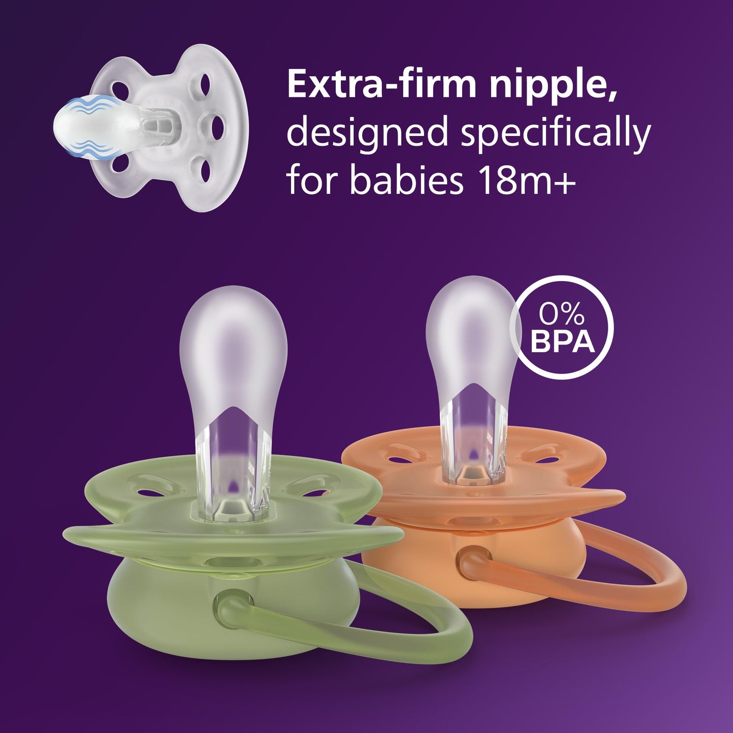 Philips Avent Ultra Soft Pacifiers - Orthodontic Design, for Babies 18 Months+, Flexible Shield, Extra-Firm Silicone Symmetrical Nipple, BPA-Free, with 2 Sterilizing Cases, 4 Pack, SCF093/07