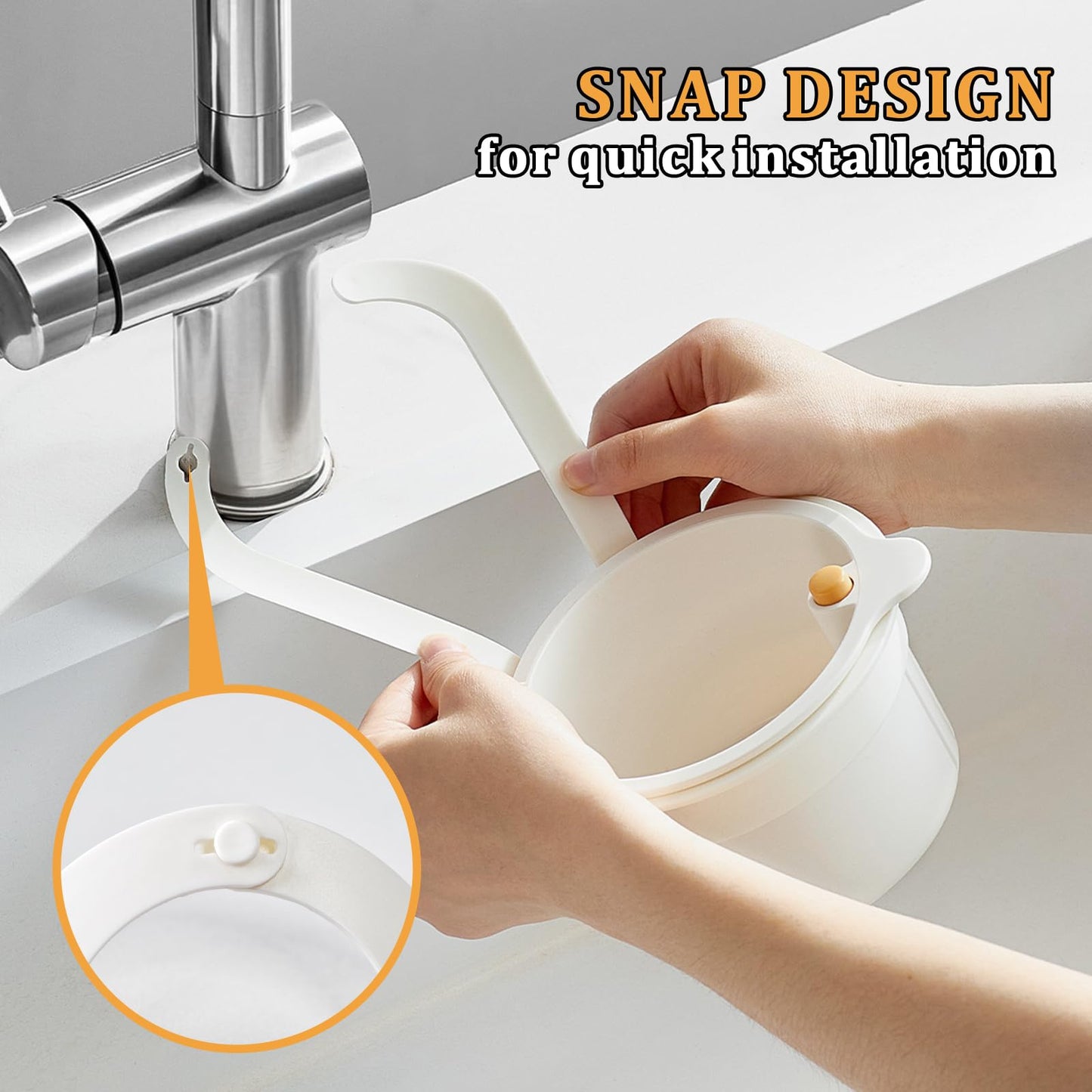 Sink Strainer Basket with One-Touch Drain Mesh, Snap-On Strap & Detachable Design – Kitchen Sink Food Scrap Filtering Storage Organizer (White)