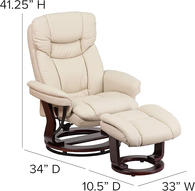 Flash Furniture Allie LeatherSoft Upholstered Recliner with Ottoman Footrest, Padded Swiveling Recliner Chair and Ottoman Set, Beige
