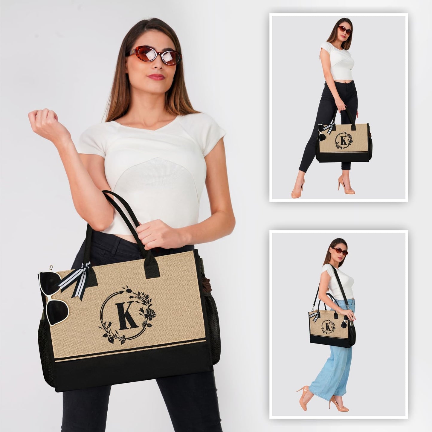TOPDesign Personalized Initial Jute Tote Bag with 5 Pockets, Top Zipper Closure, Thick Bottom Support, for Wedding, Birthday, Beach, Perfect Gifts for Women, Mom, Teachers, Friends, Gift Boxed