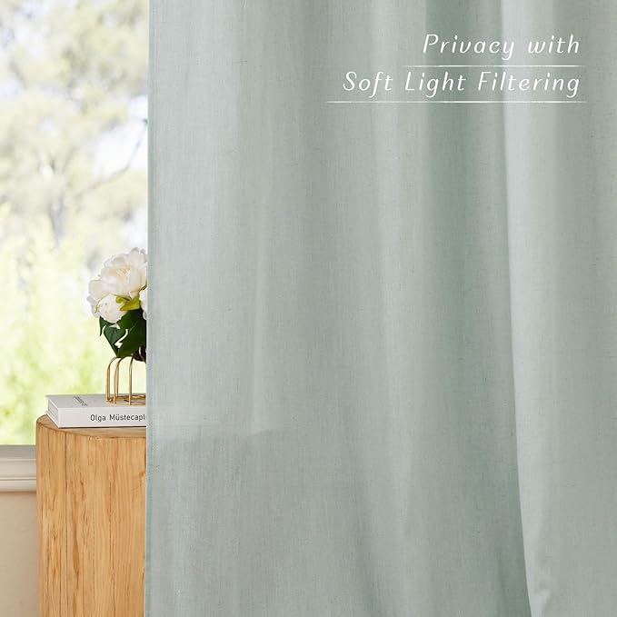 NICETOWN Linen Flax Semi Sheer Curtains 94" Length, Grommet Window Treatments Privacy Added with Light Penetration Vertical Drapes for Loft/Home Office, Sage Green, W55 x L94, 2 Panels