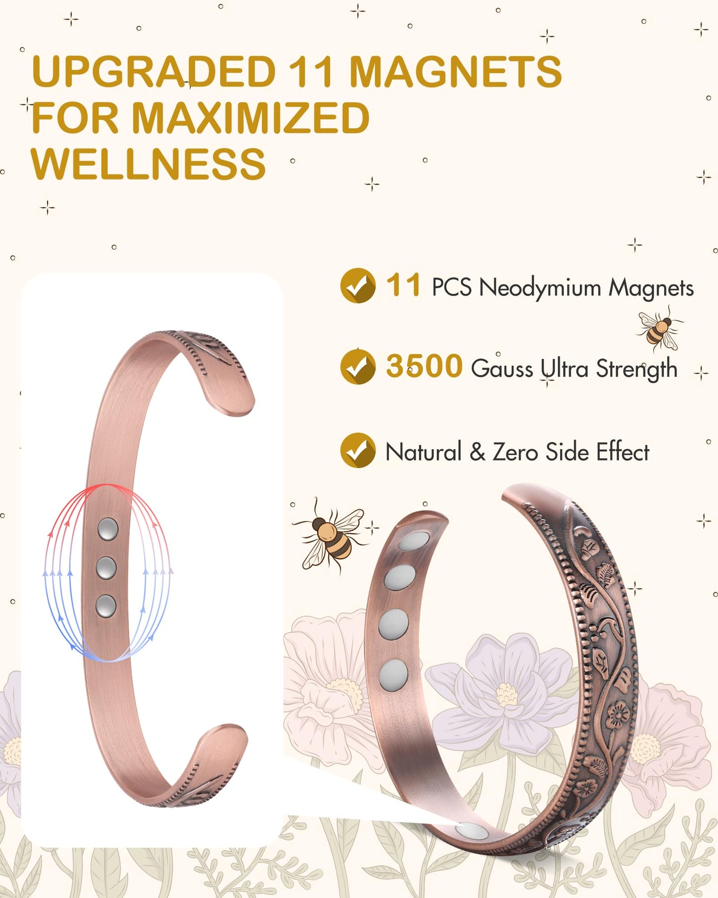 Feraco 11X Magentic Copper Bracelet for Women, 99.99% Pure Copper Cuff Bangles with Magnets, Adjustable Jewelry Gifts (Viking & Blossom)