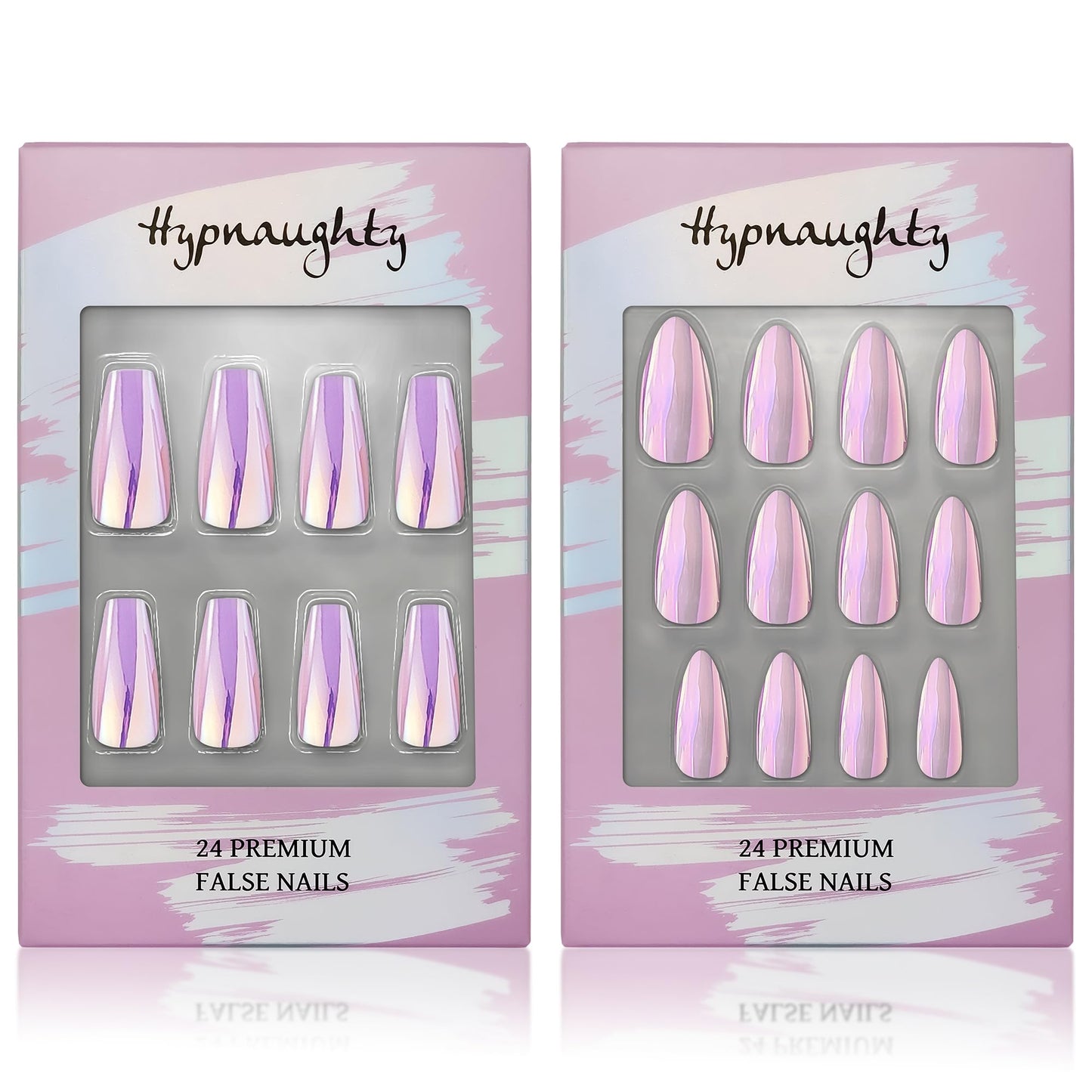 Hypnaughty Press On Nails - Party Star Coffin & Light Pink Almond Chrome, Trendy & Salon Quality Reusable Nails With Kit