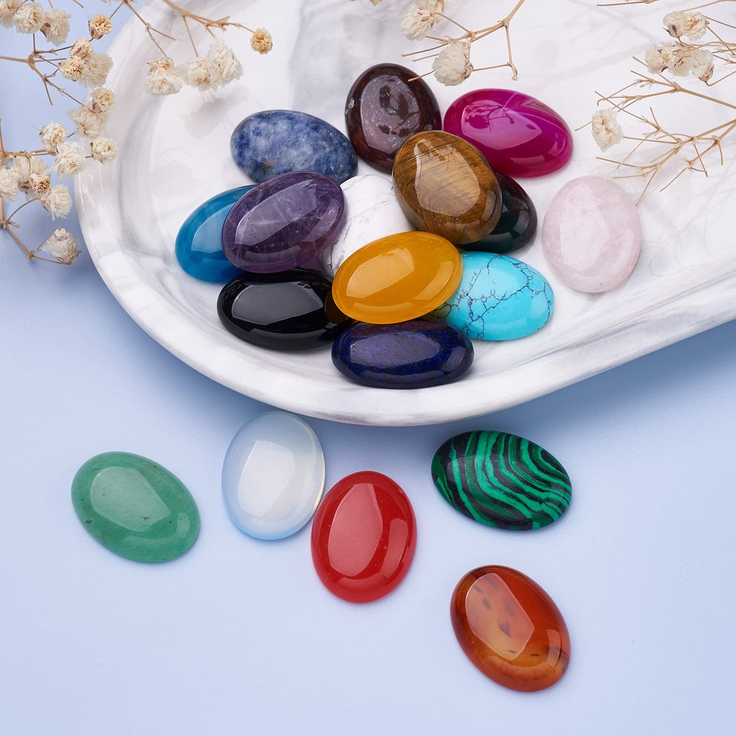 Fashewelry 36pcs Oval Healing Crystal Gemstone Cabochons 25x18mm Assorted Flatback Natural & Synthetic Energy Stone Cab Covers No Hole for Jewelry Craft Bracelet Necklace Making