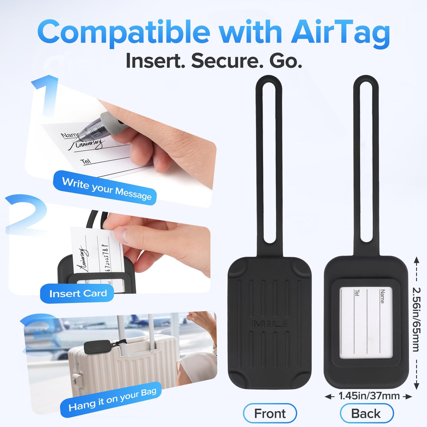 MiLi Silicone Luggage Tag Tracker, Dual System (iOS/Android) Locator for Suitcase, Travel Bags, Carry-On, Backpacks, Compatible with iOS Find My and Google Find Hub App, Black