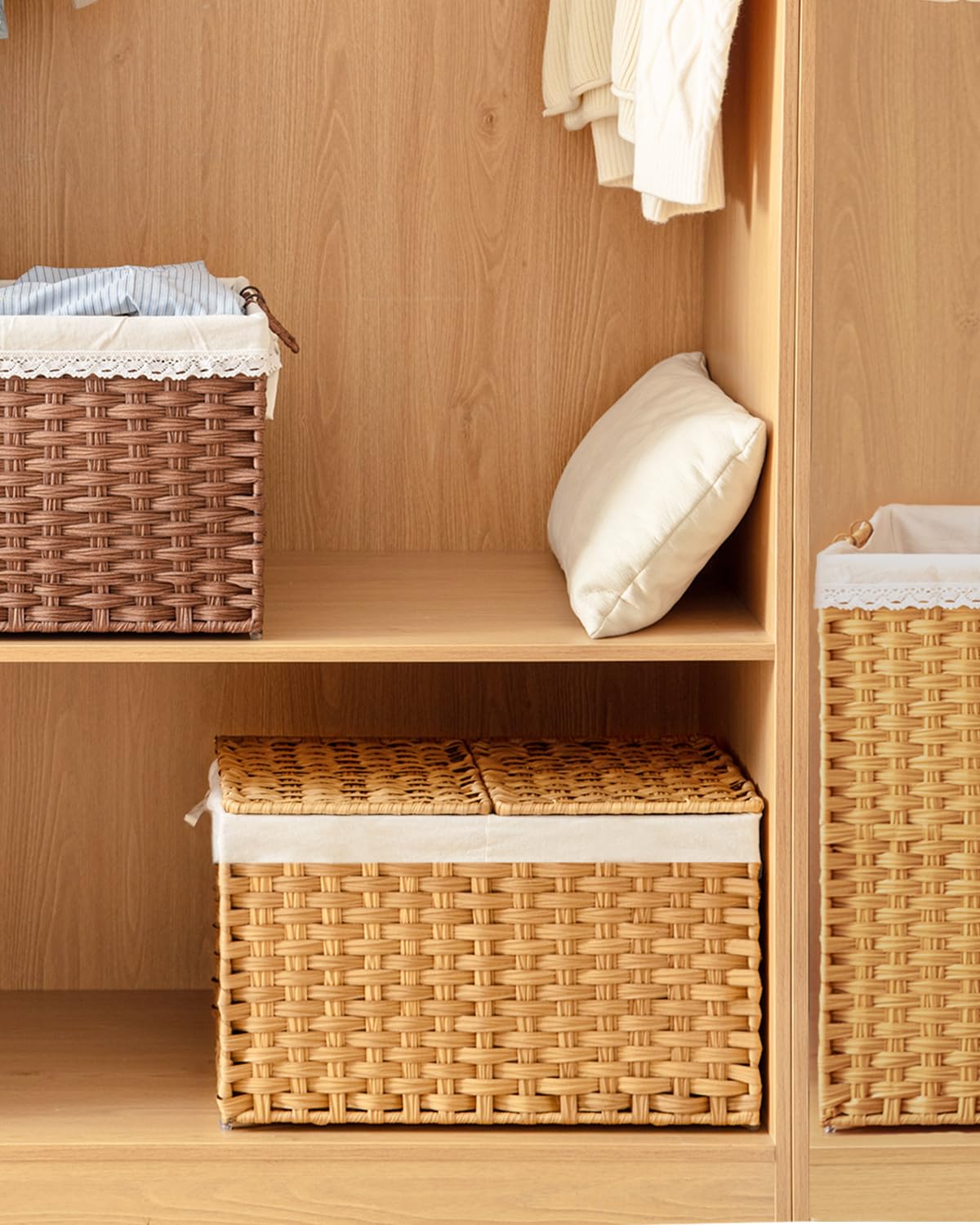 SETVSON Storage Basket with Lid Rattan Woven Storage Baskets with 2 Separate Lids, 17.2 Gallon (65 L), 22 x 13 x 13.8 Inches,Foldable, 2 Removable Liner Bags Handles for Bedroom, Laundry Room Natural