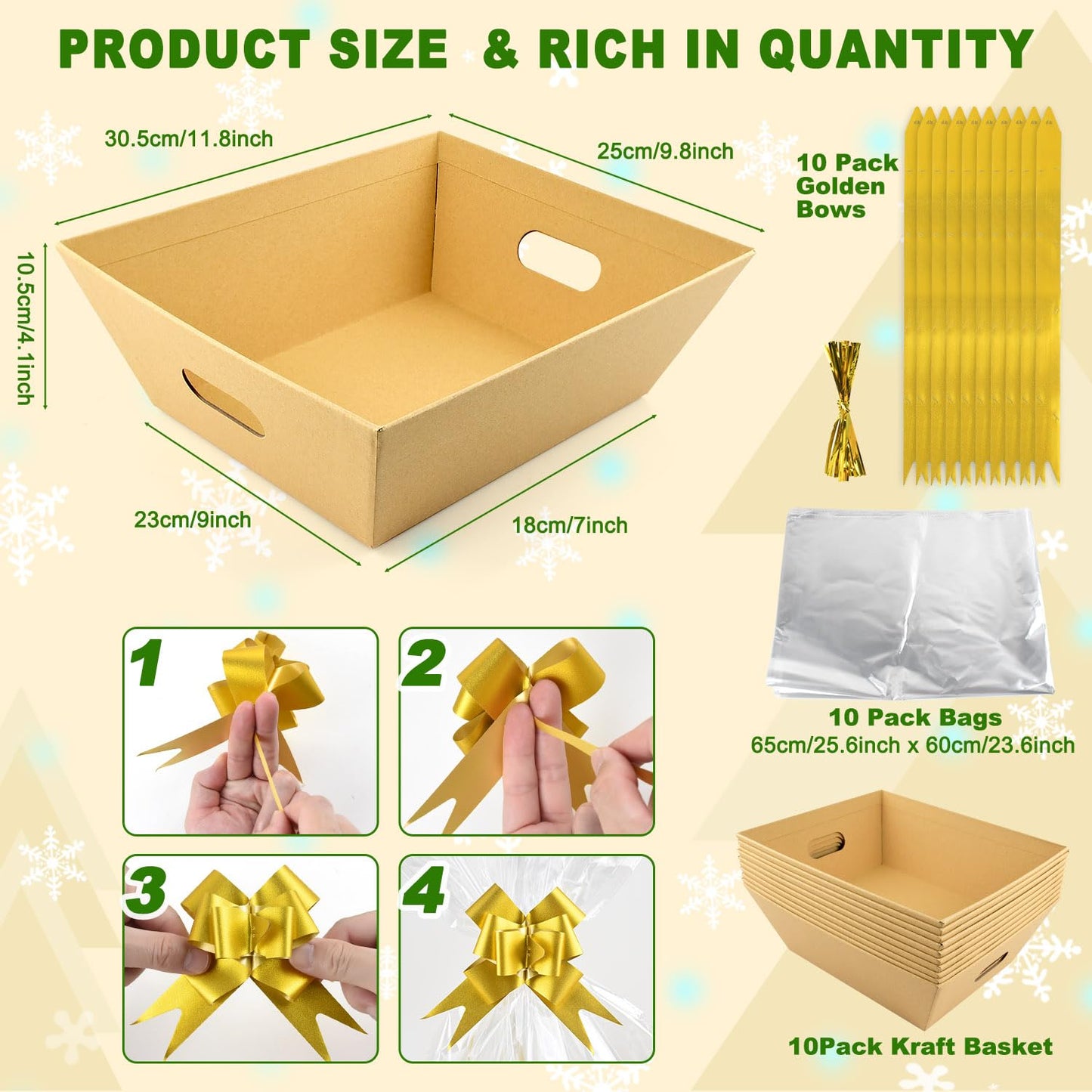 10PACK Empty Gift Basket Set, 11.8x9.8” Thick Kraft Market Tray Gift Basket with 10 Bows 10 Bags Empty Gift Baskets for Christmas Thanksgiving Valentine Easter Wedding Birthday Party Gift Wrapping (Kraft)
