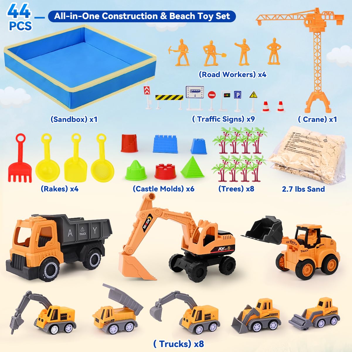 Sensory Beach Toys for Toddlers - 44PCS Sand Construction Kit with 8 Trucks, Foldable Sandbox, 2.7lbs Magic Sand, Crane, Signs, Molds, Shovel – Outoor Toys for Boys & Girls Ages 3+