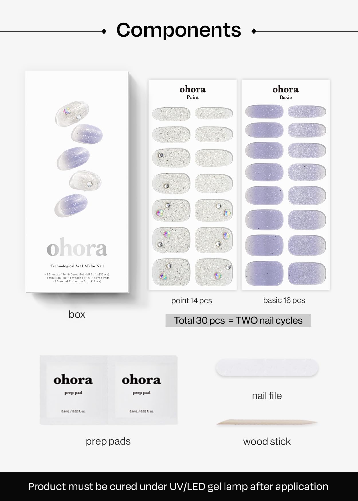 ohora Semi Cured Gel Nail Strips (N Ice Queen) - Works with Any Nail Lamps, Salon-Quality, Long Lasting, Easy to Apply & Remove - Includes 2 Prep Pads, Nail File & Wooden Stick