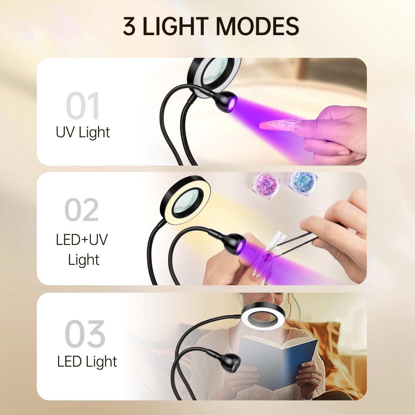 AORAEM LED UV Nail Lamp: Double-Headed Gooseneck UV Lamp for Gel Nails, LED Flash Cure Lamp with 6X Magnifier Home DIY Salon, Black