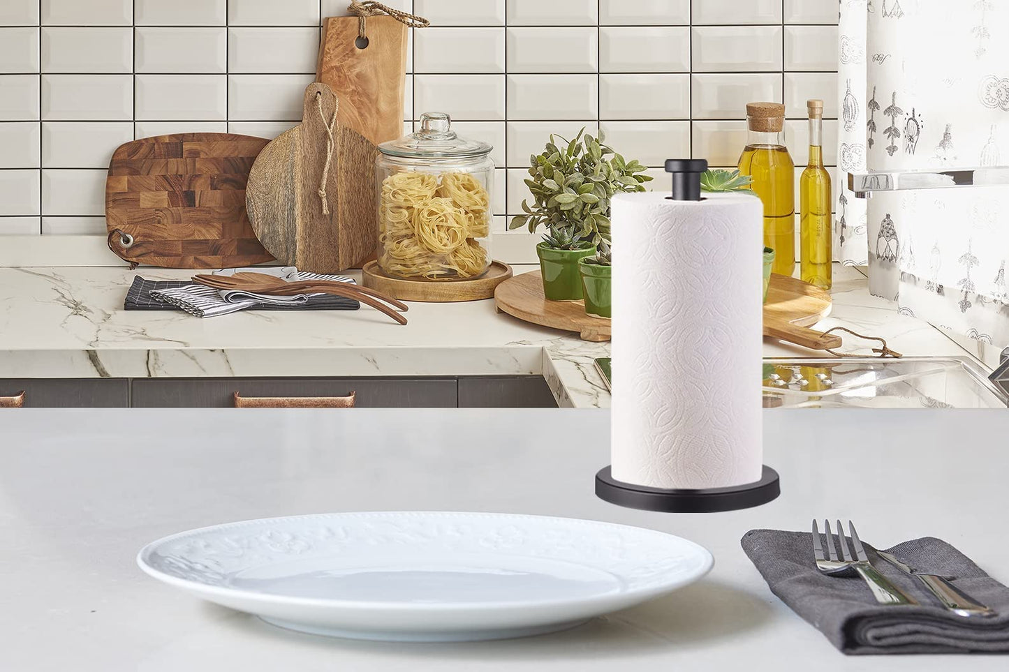 Black Standing Paper Towel Holder for Kitchen& Bathroom Countertop,Under Counter, Table Or BBQ, Standard or Jumbo-Sized Roll Paper (with Stainless Steel Base)