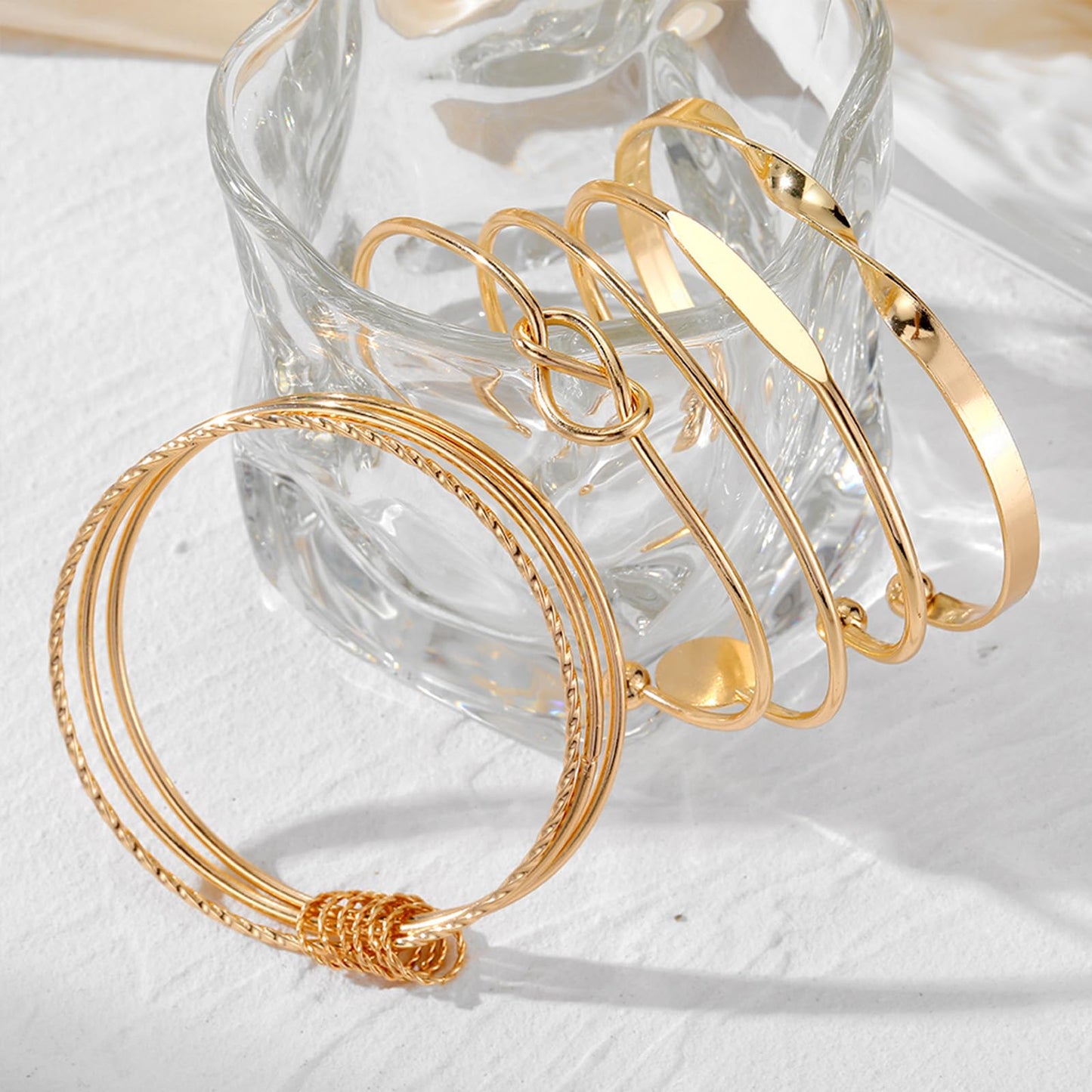 IFKM Gold Bangles Bracelets For Women, 14k Gold Plated Multi Layer Stackable Cuff Bracelet Set, Trendy Elegance Charms Non Tarnish Minimalist Textured Boho Jewelry Gift for Women