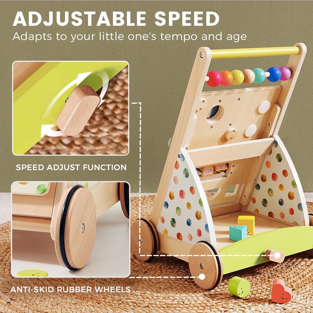 Tiny Land Wooden Baby Walker with Adjustable Speed, Montessori Activity Push Walker Toy for Toddlers, Colorful Learning Walker for Boys & Girls (Rainbow)