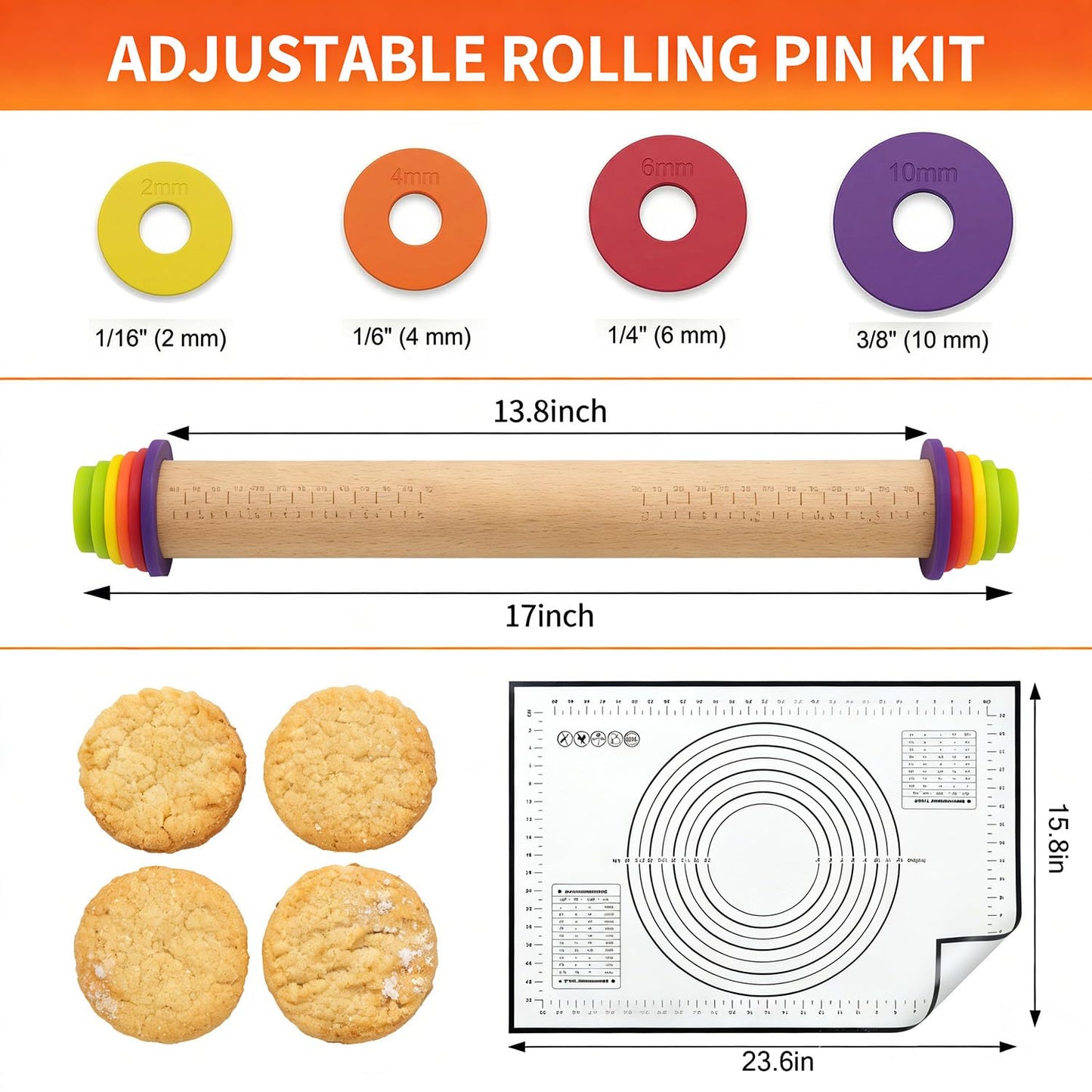 forusom Rolling Pin With Thickness Rings, Adjustable Wooden Rolling Pin Set, 17 inch Rolling Pins for Baking, Biscuit, and Dough Kneading, Pizza Dough, Paster Roller