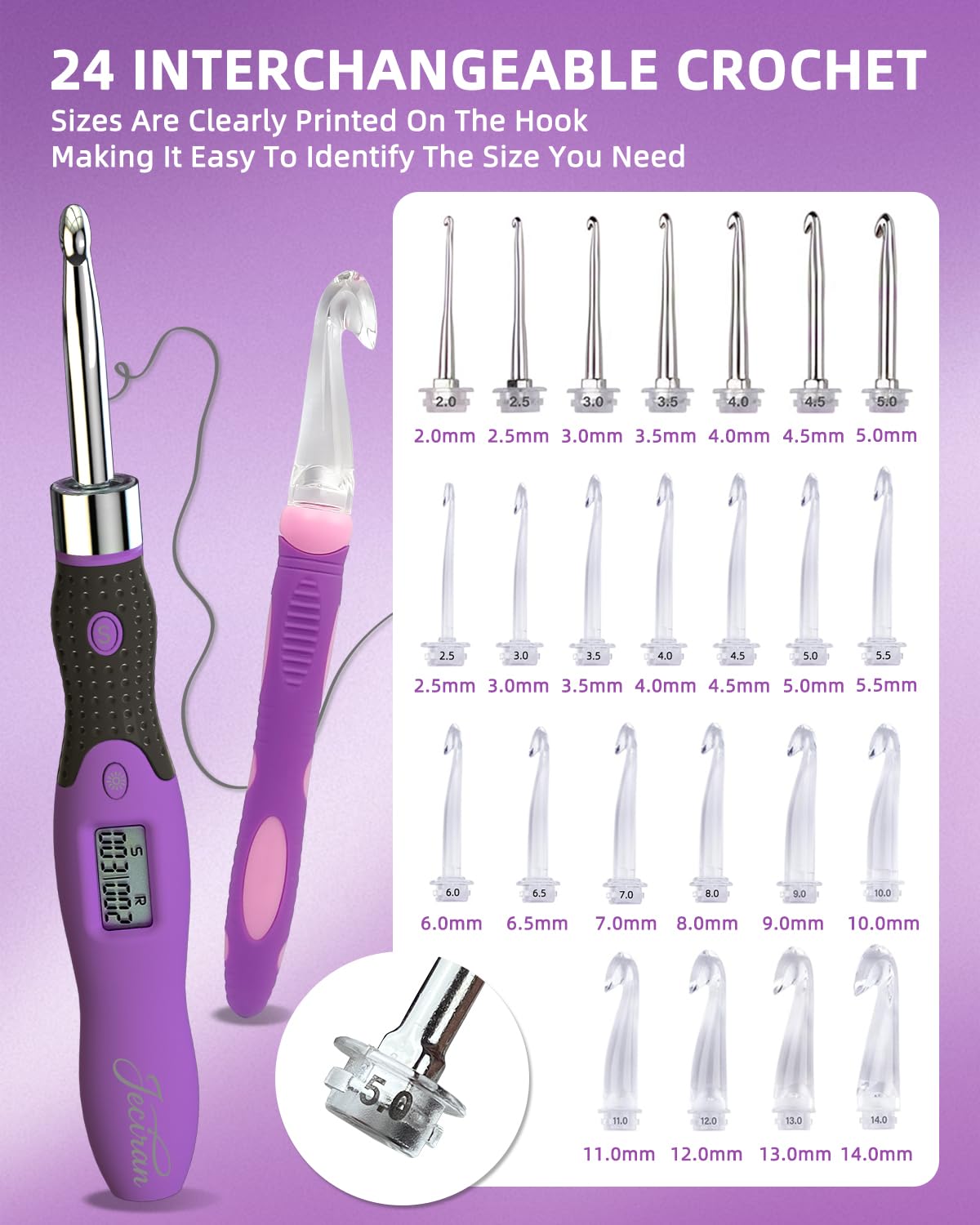Upgraded Counting Crochet Hook Set - 24-in-1 Interchangeable Hooks Kit - Light Up, Digital Stitch & Row Counter- No Need to Move Fingers- Ergonomic for Arthritic Hands - Cool Gift