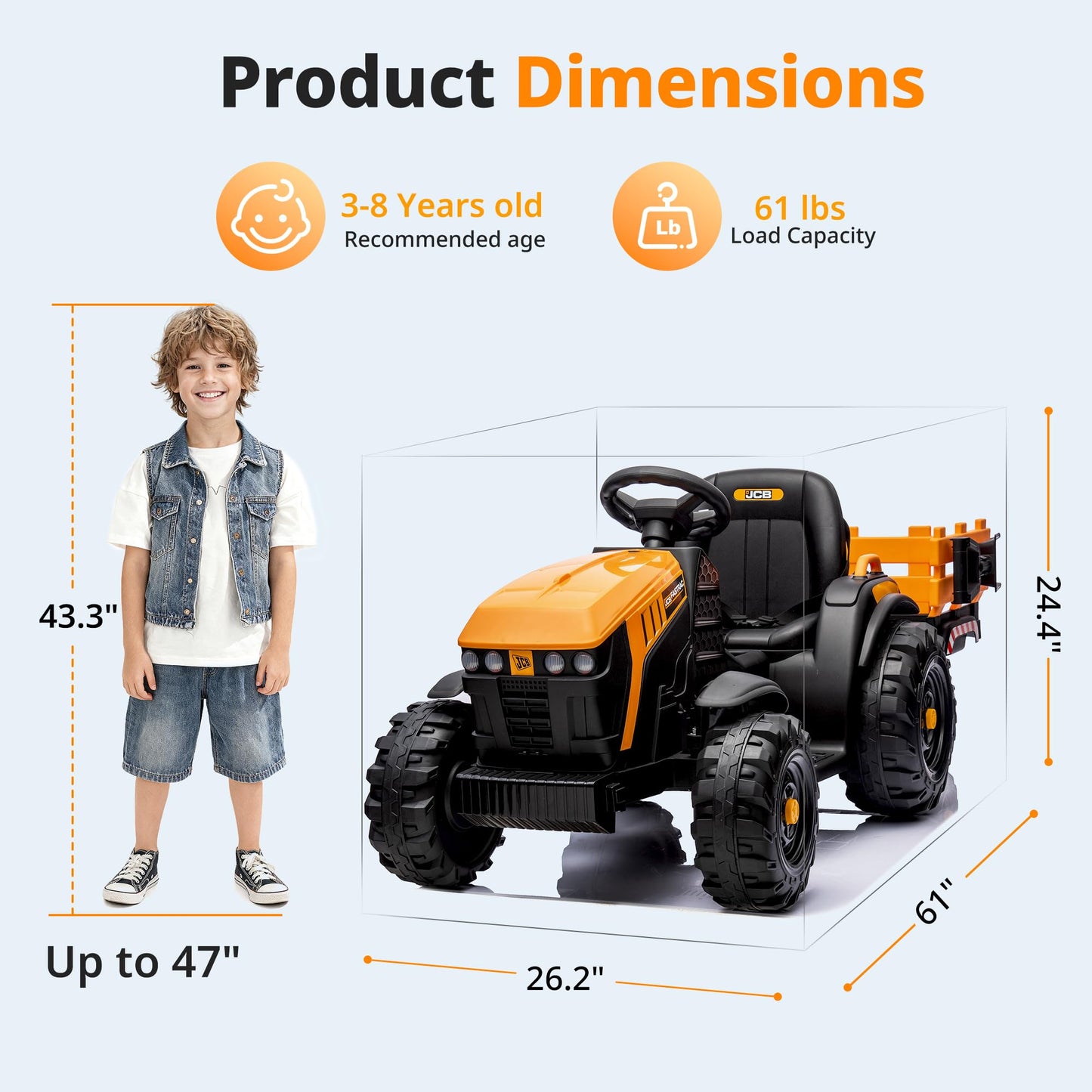 Hikiddo Licensed JCB 24V Electric Ride on Trator for Big Kids 3-8 with Trailer, Remote Control, 400W Motors - Yellow