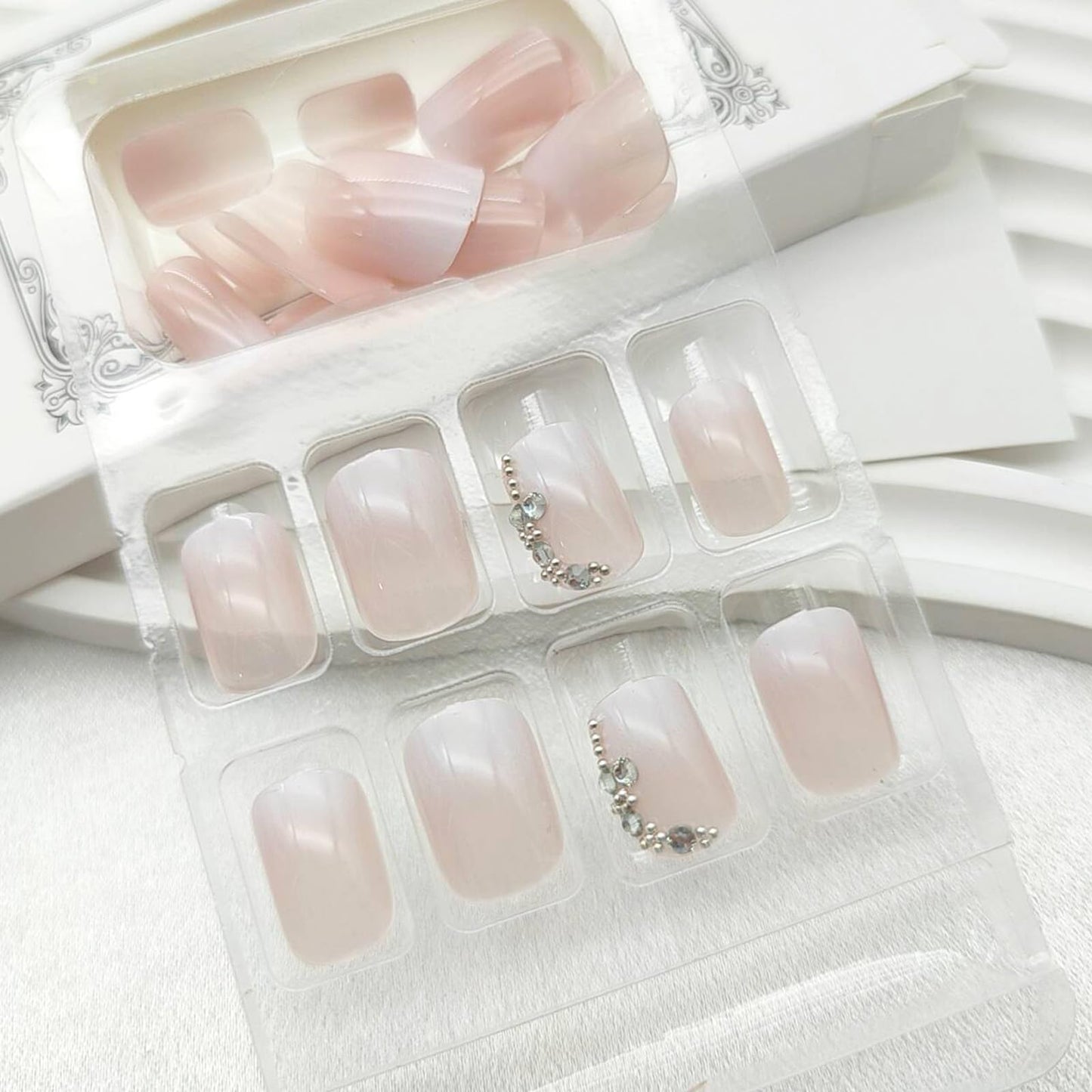 Gradient Press on Nails Short Square Fake Nails with Rhinestones Bead Ombre Designs Pink Nails Press ons White Glue on Nails Glossy False Nails Cute Stick on Nails for Women 24Pcs