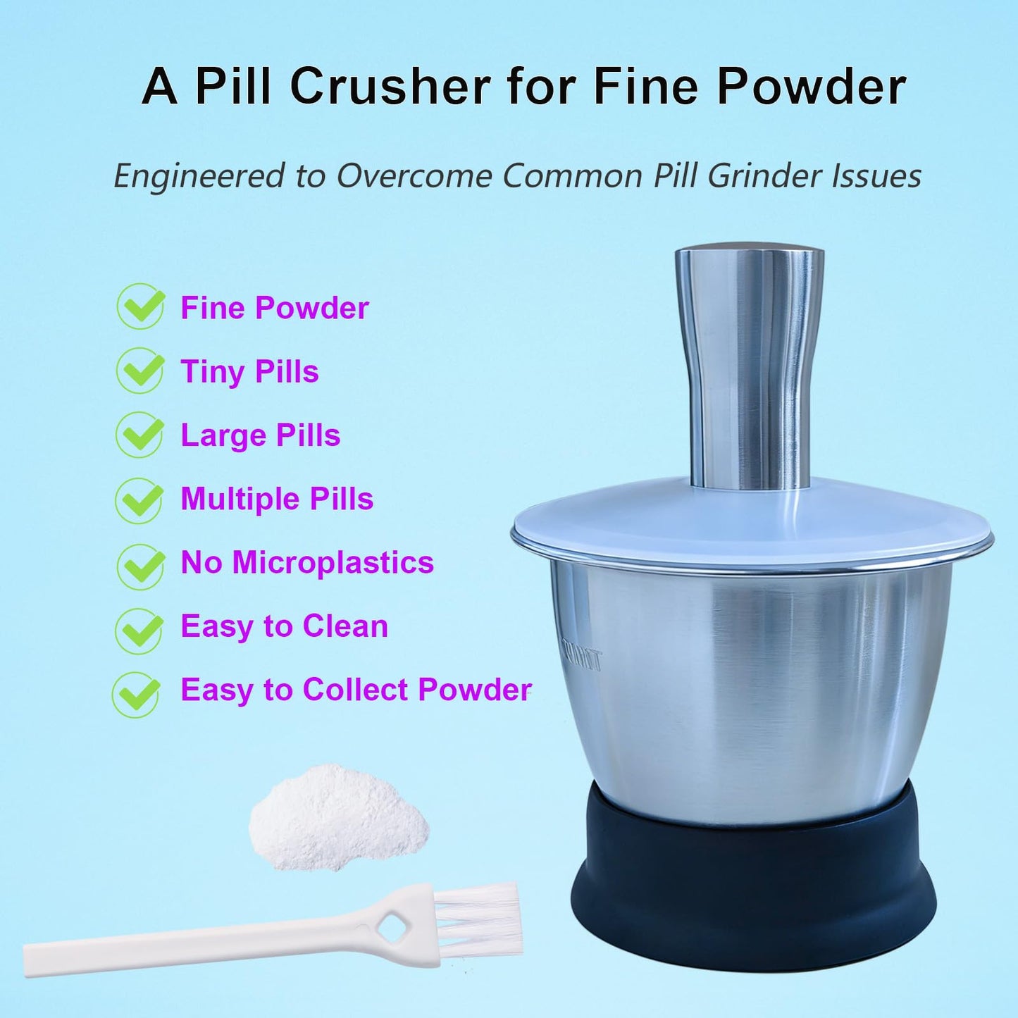 Pill Crusher Fine Powder, Mortar and Pestle Set for Large, Small and Multiple Pills, Solves Common Pill Grinder Issues - Solid 304 Stainless Steel, 10 oz