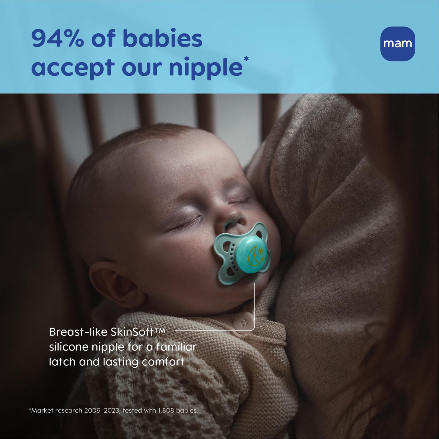 MAM Original Baby Pacifiers 0-6 Months, Binky for Newborn Babies, BPA-Free Skin Soft Silicone Nipple, Glows in The Dark, Developed with Medical Experts, 4 Count, Made in Europe