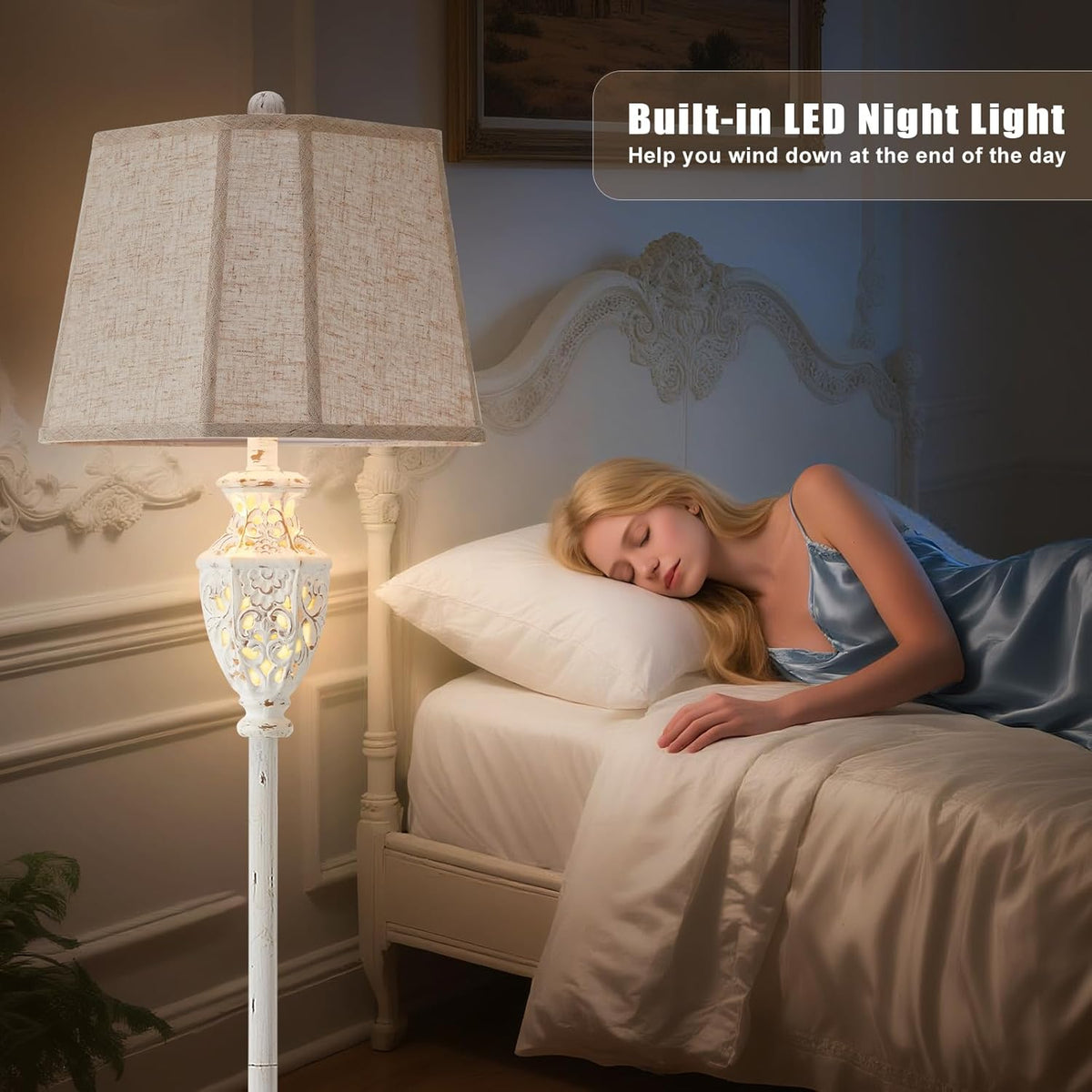 Luvkczc Rustic Floor Lamp - Resin Carved Base with Hollow Night Light, Farmhouse Cottage Decor, Vintage Standing Lamp for Living Room, Bedroom (Includes Bulb)