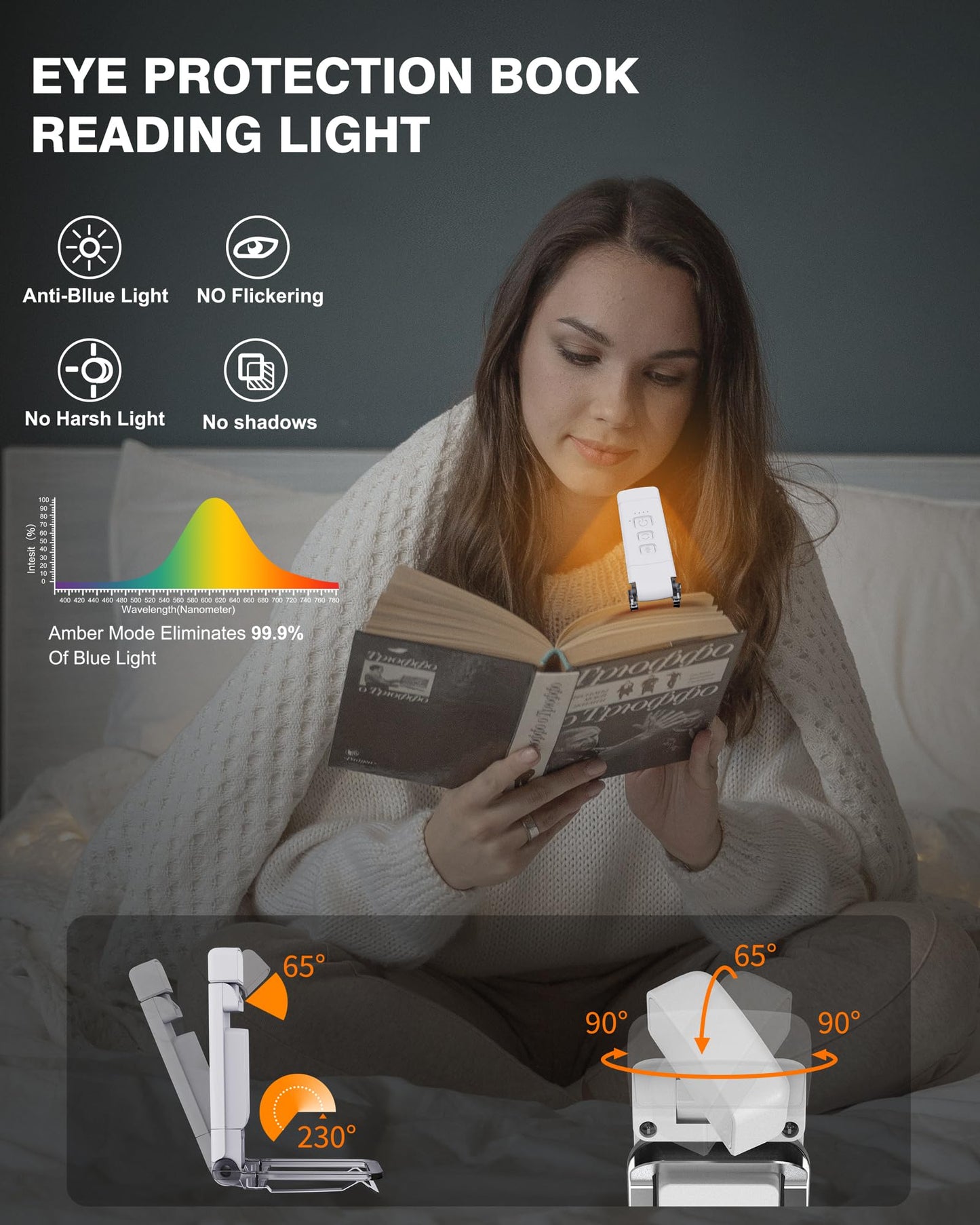 Reading Light, Rechargeable Book Light, with Book Page Holder, 30/60 Min Timer Reading Lamp Clip On, 3 Color Modes & 5 Brightness Dimmable Eye Care for Kids, Reading Lovers at Night in Bed (White)