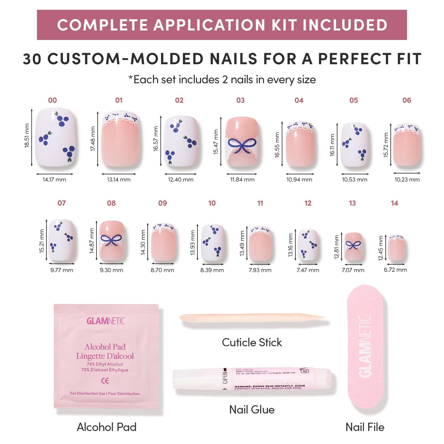 Glamnetic Press On Nails - Blue A Kiss | Short Squoval Fake Nails With Mixed Sheer & Solid Designs, Micro Blueberry and Scalloped Lace Accents | 15 Sizes - 30 Nail Kit with Glue