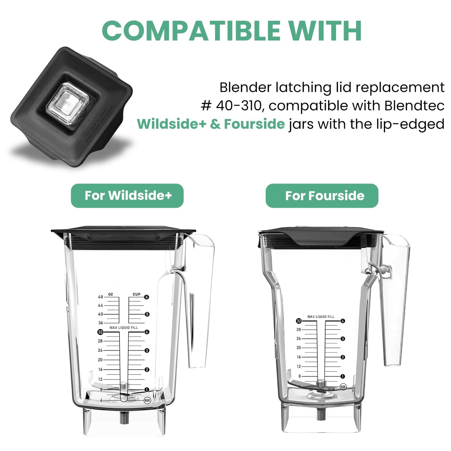 Blender Latching Lid Replacement #40-310, Fit for Blendtec Commercial Wildside & Fourside Jars Lid, Blender Top Lid with Removable Center Cap for prevents liquid splashing