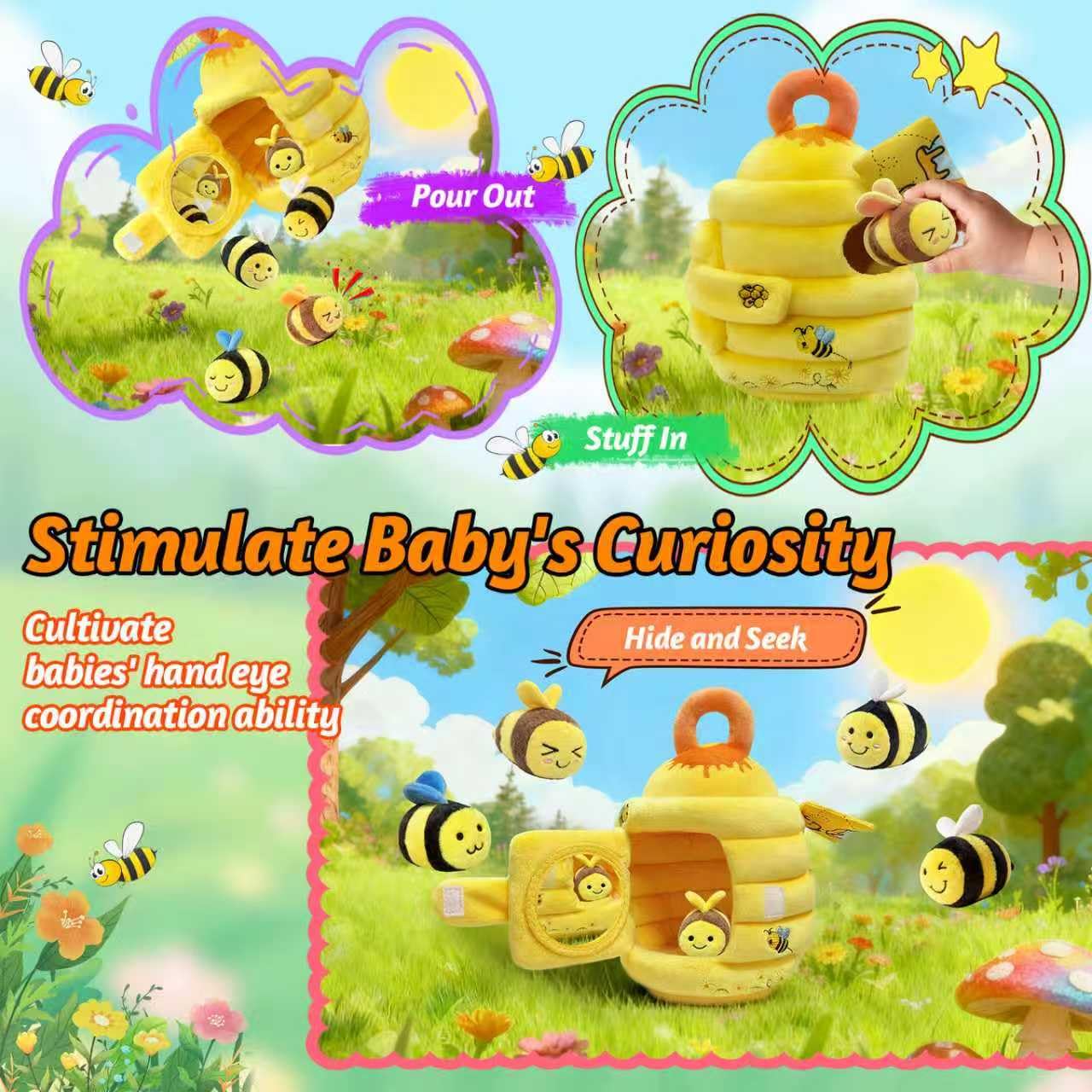wahaczon Baby Toys - Soft Beehive with 5 Sensory Bees Crinkle, Rattle, Squeaker, Mirror Portable Sensory Toys Montessori Bee Toy for Toddlers, Boy Girl Birthday Christmas Gift