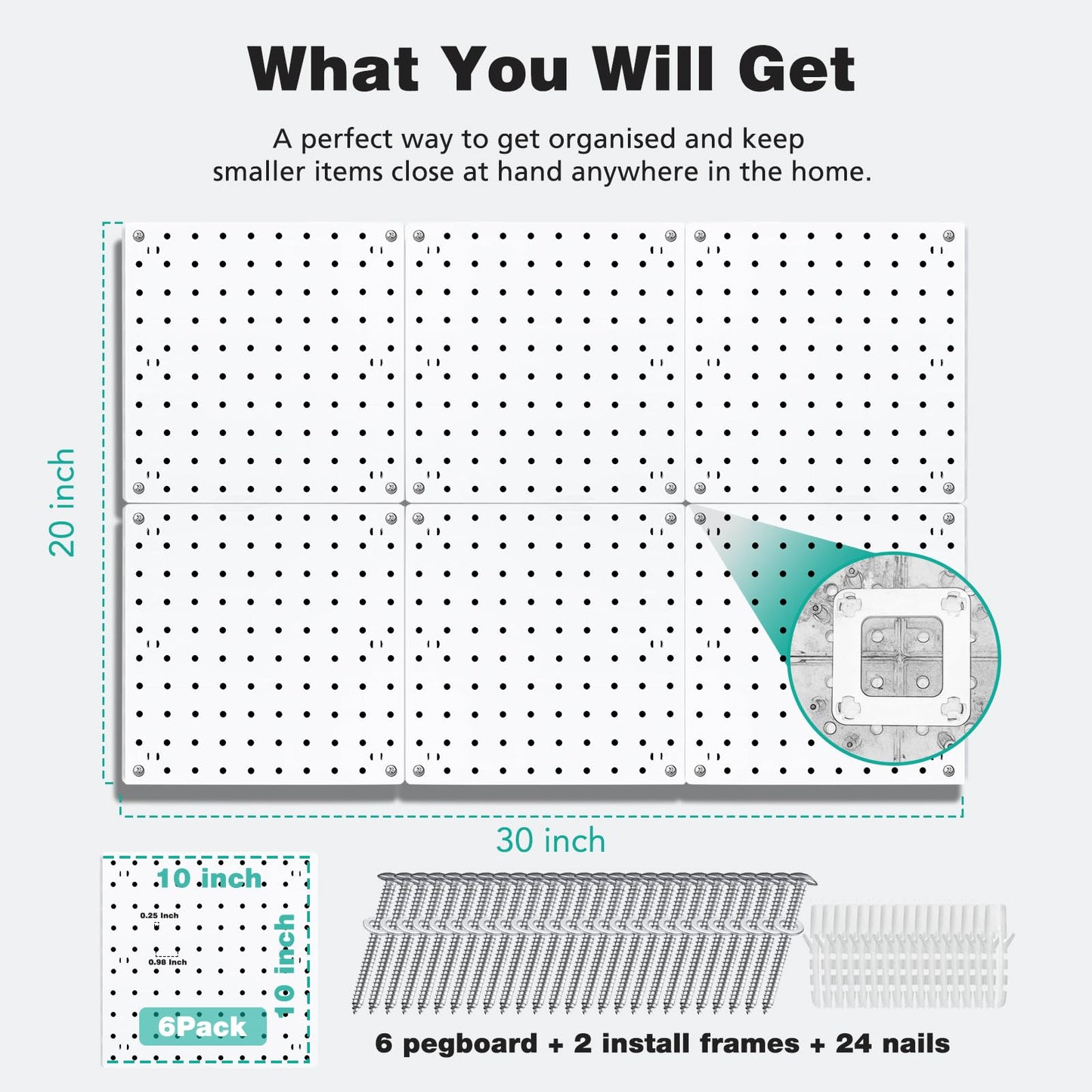 6Pcs Peg board, Pegboard Wall Organizer Panels, Wall Mount Display Small Pegboard Kits, Pegboard, Peg Boards for Wall Craft Room, for Kitchen, Garage, Workshop, Tool Accessories - White Pegboard
