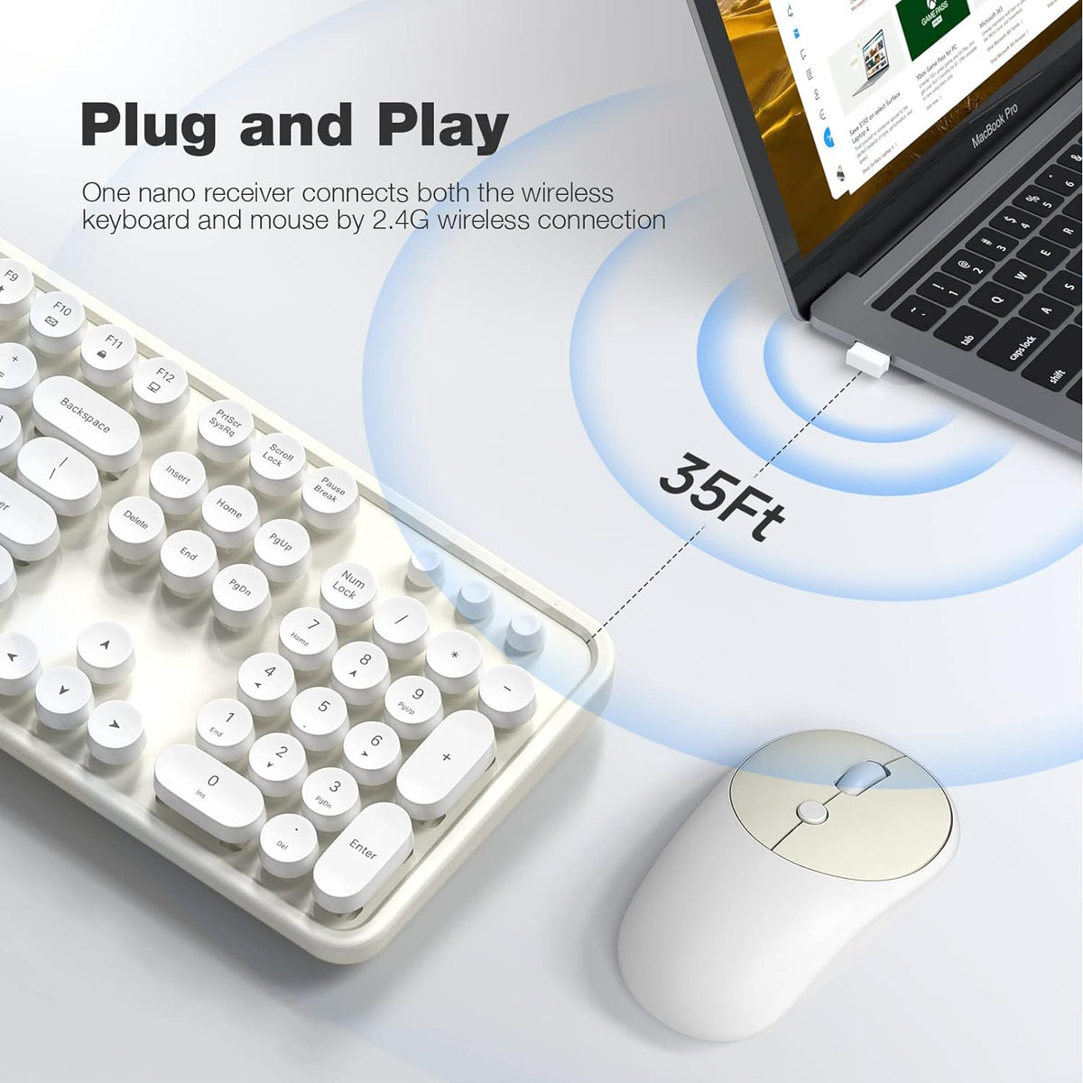 KNOWSQT Wireless Keyboard and Mouse Combo - White-Milky Full-Sized 2.4 GHz 104 Keys Typewriter Cute Keyboard, Round Keycap and Optical Mouse for Windows, Computer, PC, Laptop, Desktop