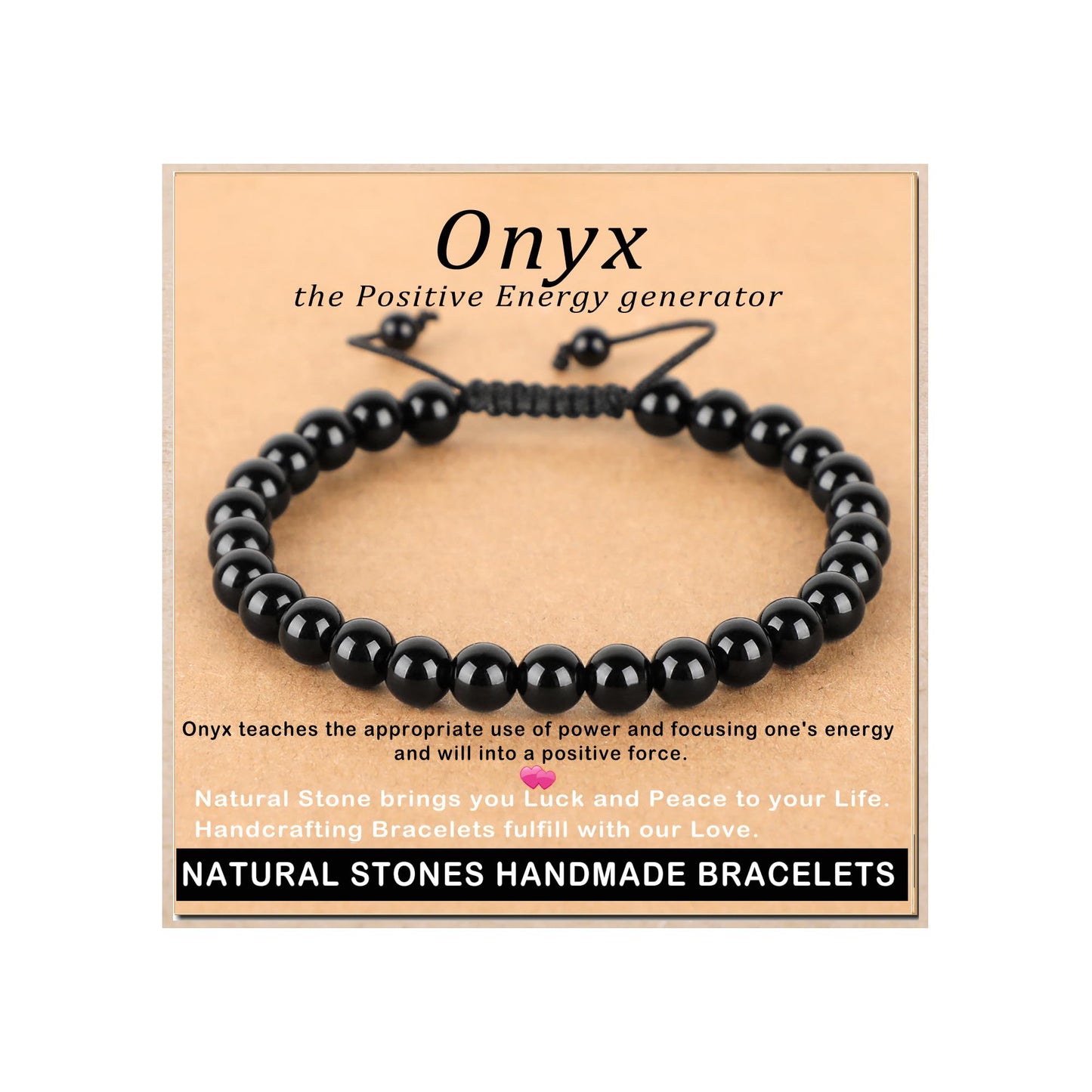 AD Beads 4mm Black Onyx Bracelet - Stone of Safety Protection - Handmade Natural Stone Crystal Bracelet with Adjustable Macrame String - Yoga Healing Power Energy Gifts for Men and Women