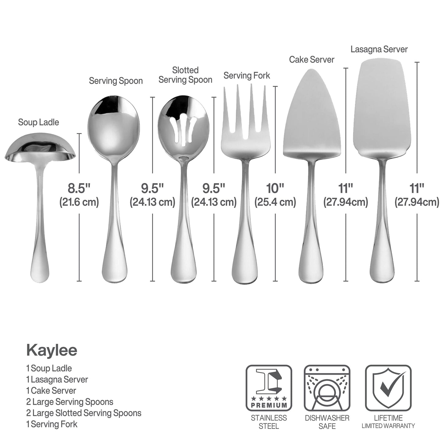 Mikasa Gourmet Basics Kaylee 8-Piece Serving Set, 18/10 Stainless Steel, Soup Ladle, Lasagna Server, Cake Server, Tablespoons, Cold Meat Fork, Dishwasher Safe