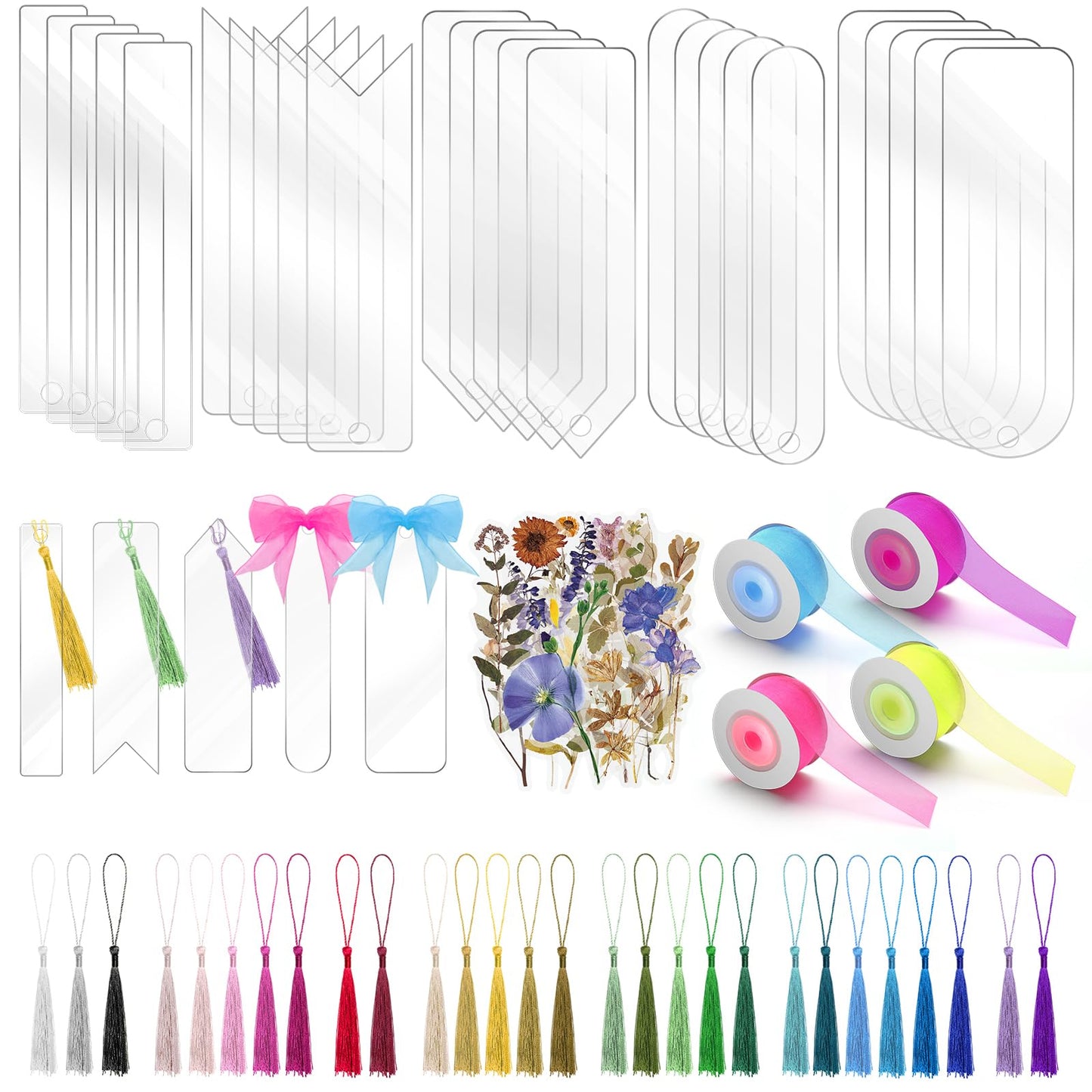 Pletpet DIY Bookmark Set - 50+75PCS Acrylic Bookmarks, 5 Shapes, Transparent, With 30P Tassels, 4 Rolls Ribbon, 40P Flower Stickers, Storage Box