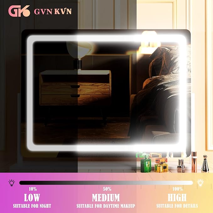 Vanity Mirror with Lights, 28" x 22" LED Makeup Mirror, Lighted Makeup Mirror with 10X Magnification,Dimmable 3 Modes, Touch Screen Control Vanity Mirror Round Gold