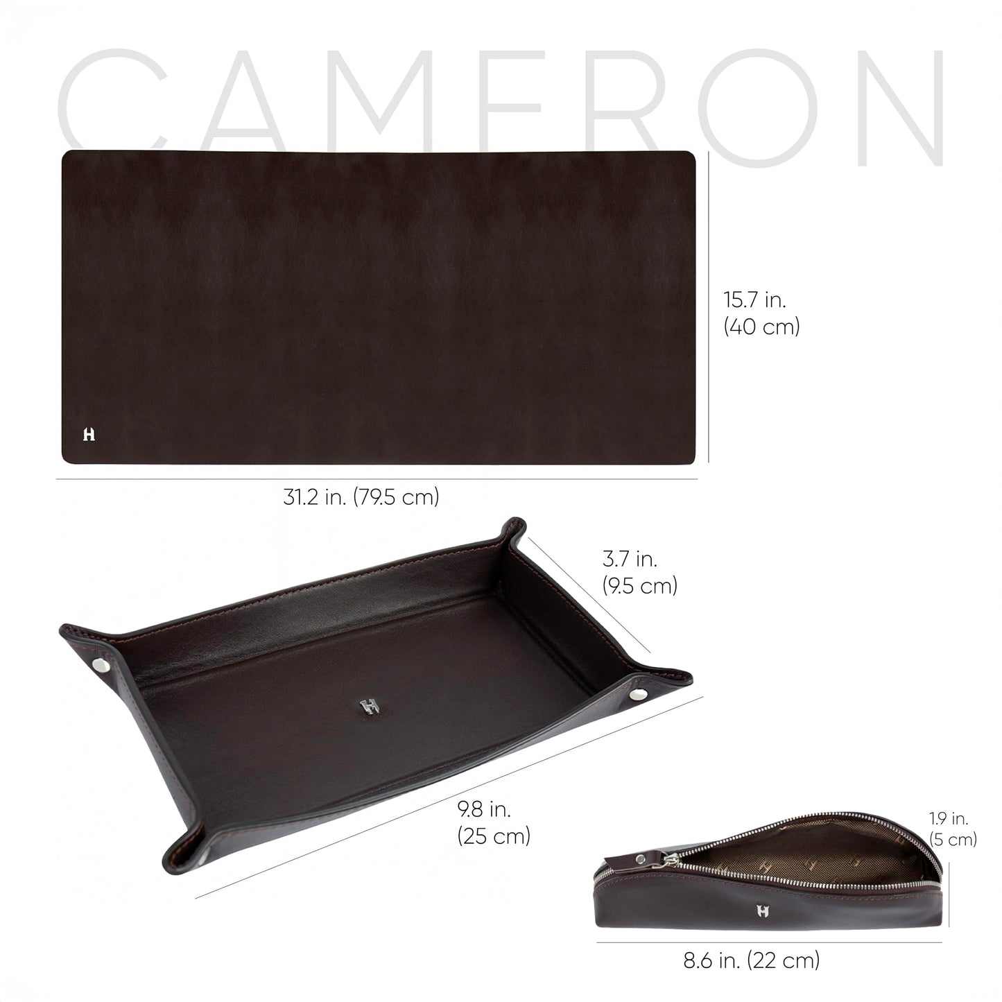HELMBROOK London 3-Pc Premium Full-Grain Leather Desk Organizer Set | Mat, Pencil Case & Tray | Chic Decor Accessories | Gift for Christmas, Birthday & Anniversary, Brown