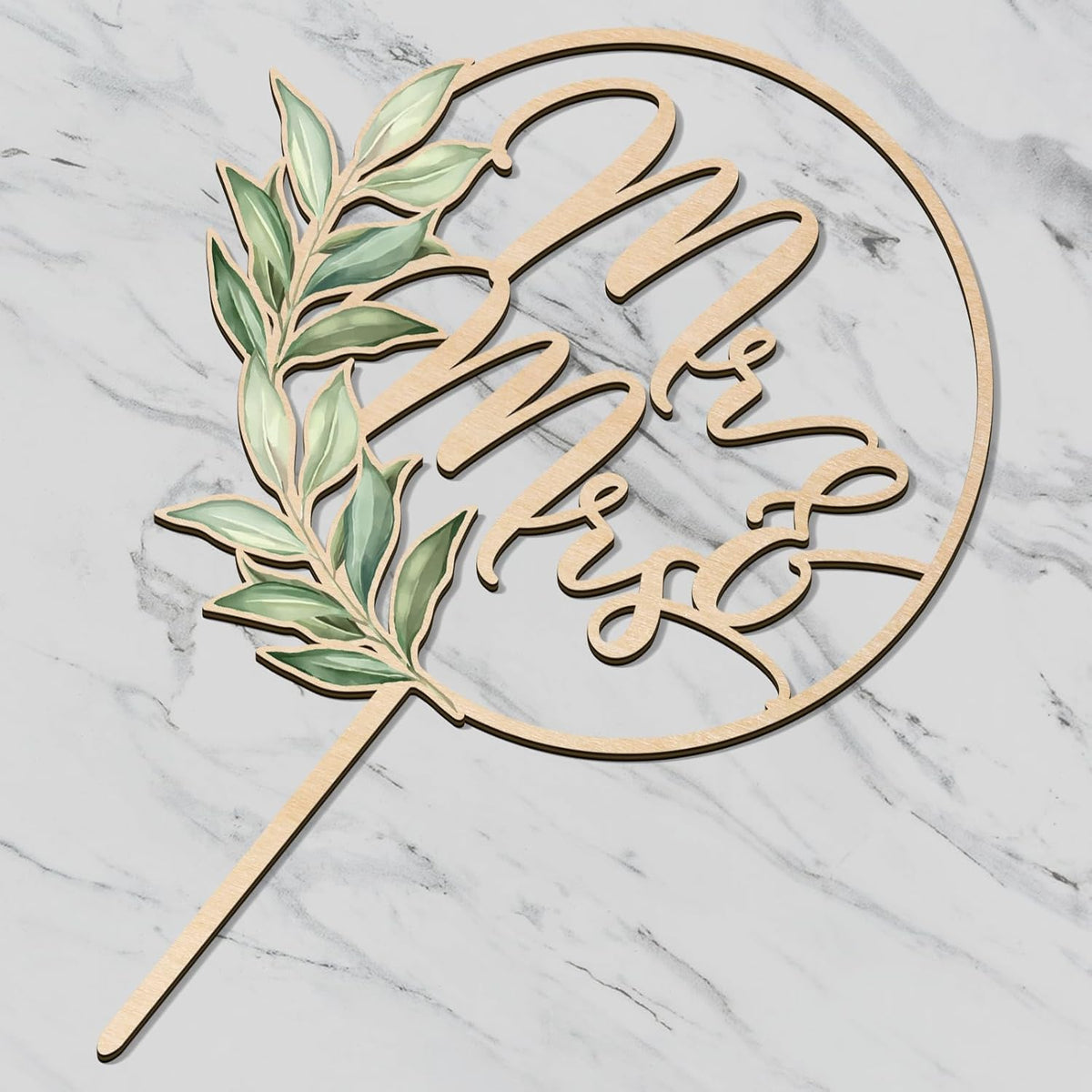 Mr & Mrs Cake Topper Greeny Wedding Cake Topper in Wood (Design 02)