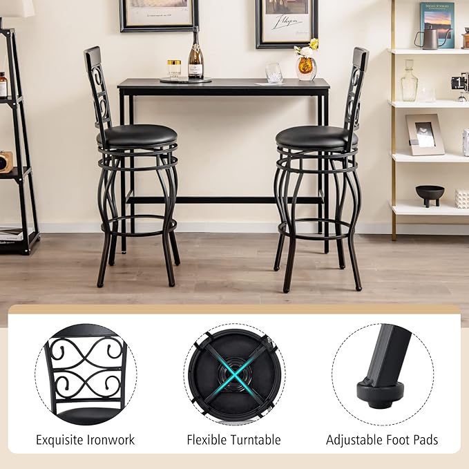 COSTWAY Bar Stools Set of 2, 360 Degree Swivel, 30" Bar Height Bar Stools, Leather Padded Seat Bistro Metal Bar Chairs with Back for Kitchen Island, Pub (Set of 2)