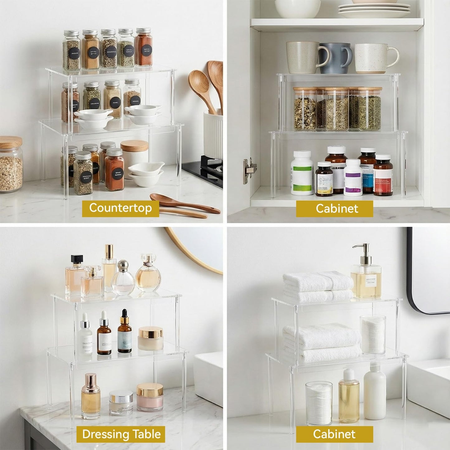 HANLANXUE 4 Pack Clear Kitchen Cabinet Organizer, Stackable Acrylic Tiered Spice Organization Display Shelf for Cabinet Shelf Desk Countertop Organizer