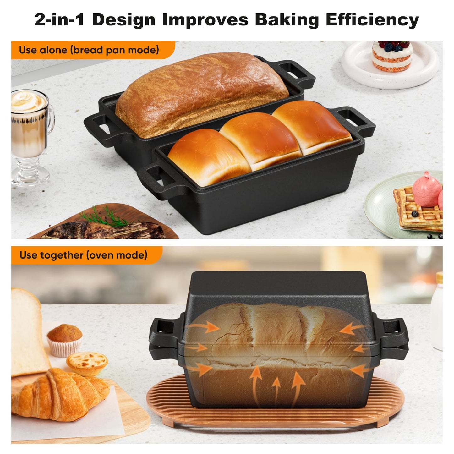 Heimekite 9×5 Inch Cast Iron Loaf Pan with Lid, bread pans for baking, 2 Piece Set | Even Heat Distribution Bread Baking Pan for Homemade Sandwich Bread, Banana Bread, Cakes, Meatloaf
