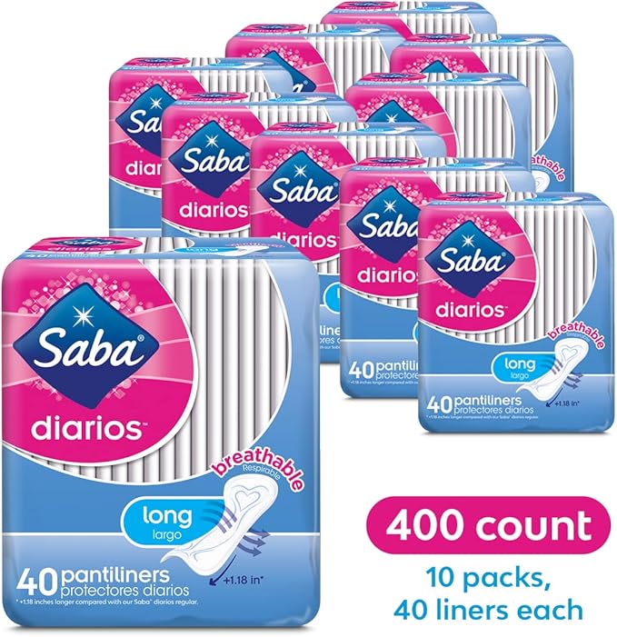 Saba Diarios Long Pantiliners, Rapid Absorption Long Panty Liners for Women, Convenient Feminine Care for All Body Types & Sizes, 400 Count (10 Packs of 40)